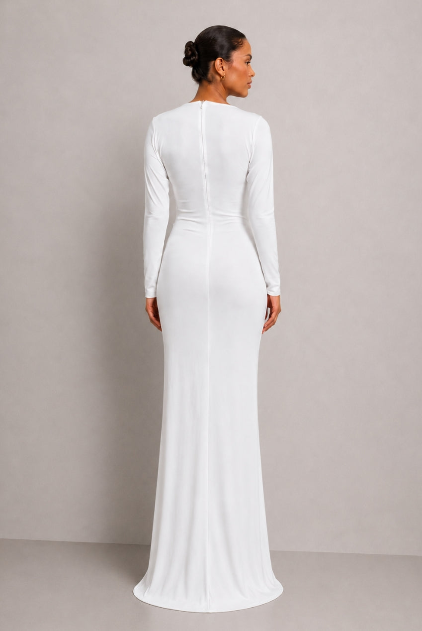 Jessica White Long Sleeve Maxi Dress With Front Split HG-JESSICA-MAXI