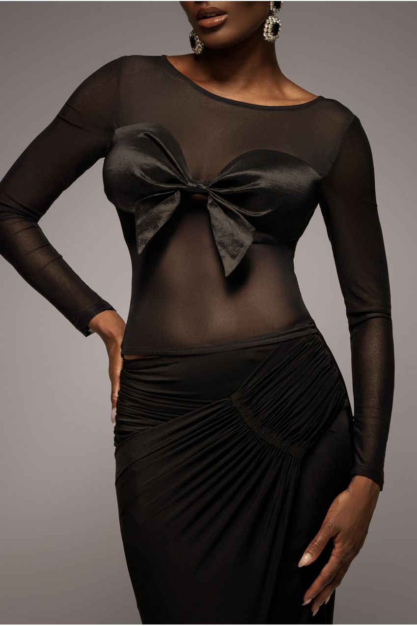 Long Sleeve Mesh Sleeveless Taffeta Bow Top - Black T266