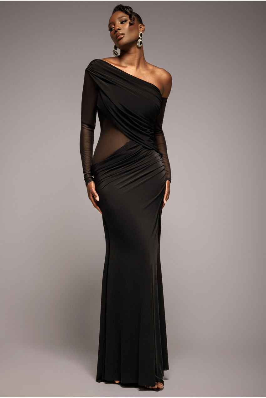 Gathered Cowl Asymmetric Mesh And Soft Touch Maxi Dress - Black DR4800