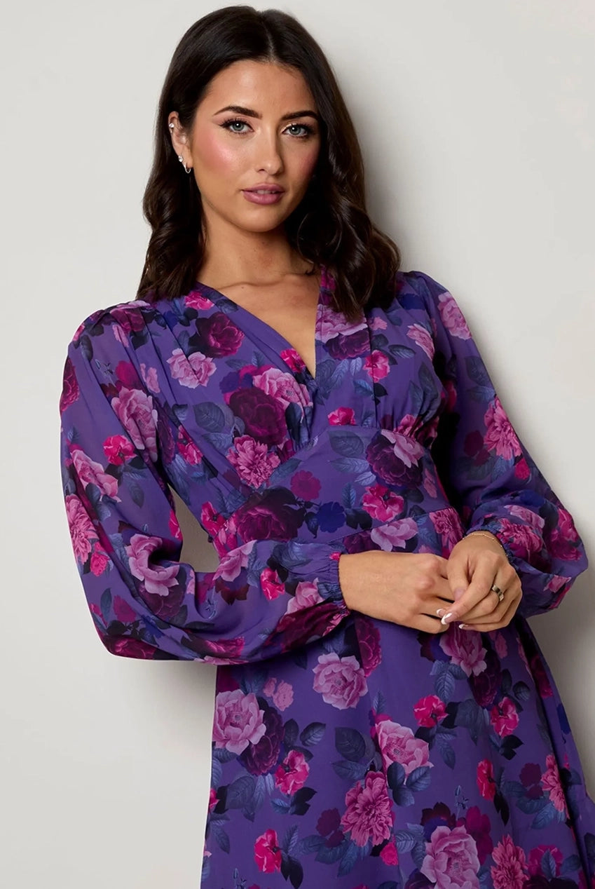 V Neck Floral Printed Chiffon Dress In Purple KC1999PUR