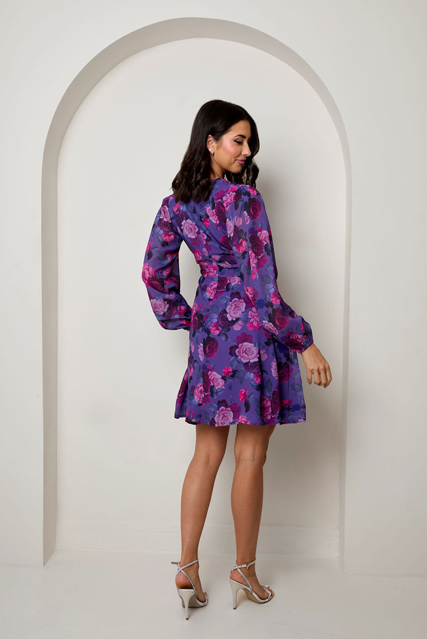 V Neck Floral Printed Chiffon Dress In Purple KC1999PUR