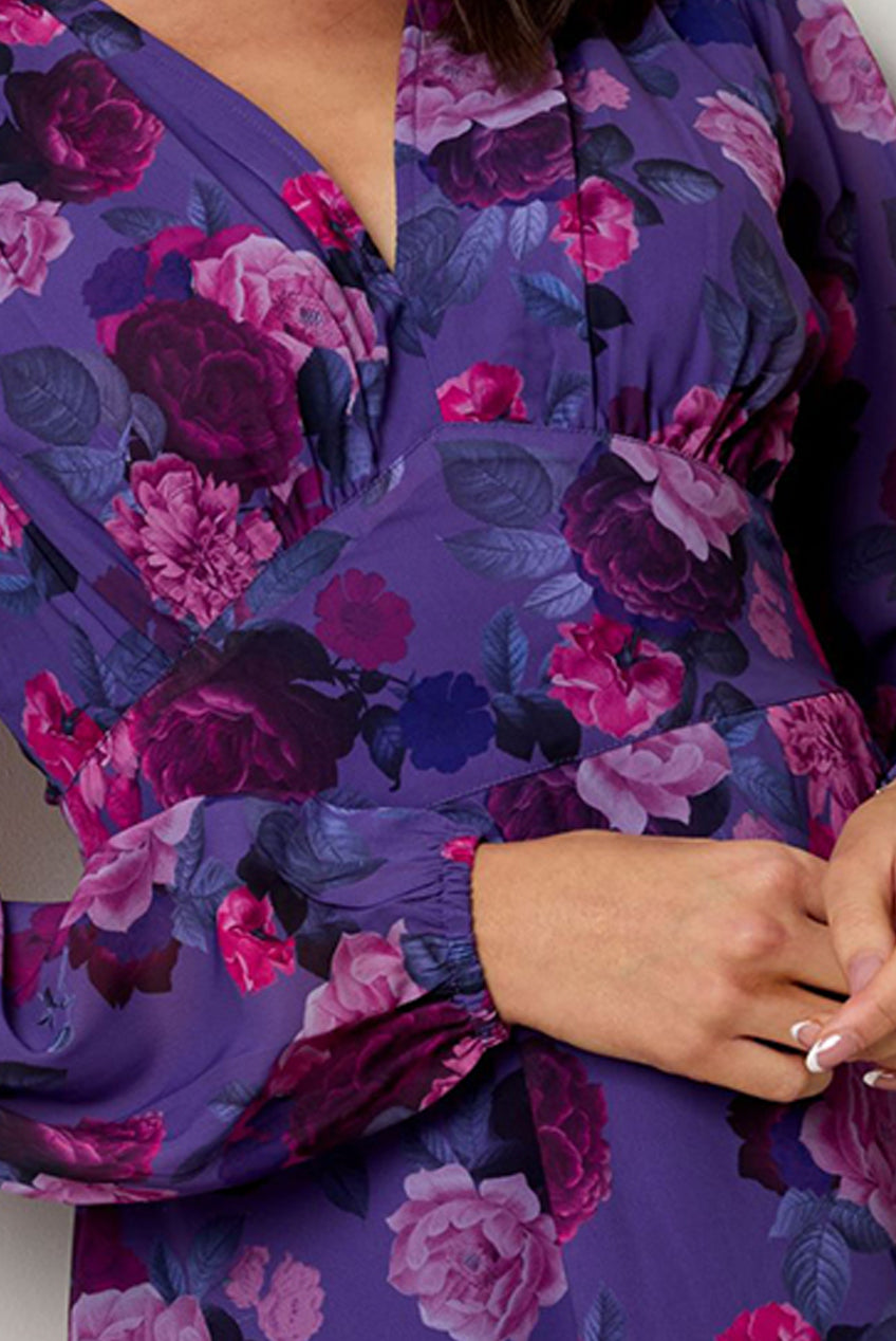 V Neck Floral Printed Chiffon Dress In Purple KC1999PUR