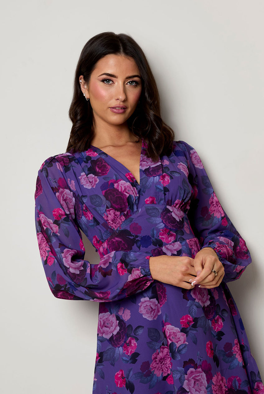 V Neck Floral Printed Chiffon Dress In Purple KC1999PUR