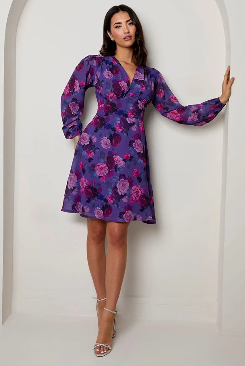 V Neck Floral Printed Chiffon Dress In Purple KC1999PUR