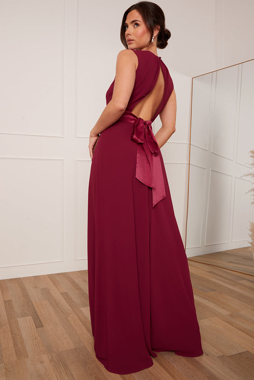 Petite Cut-Out Bow Back Maxi Dress In Wine KH204PWI