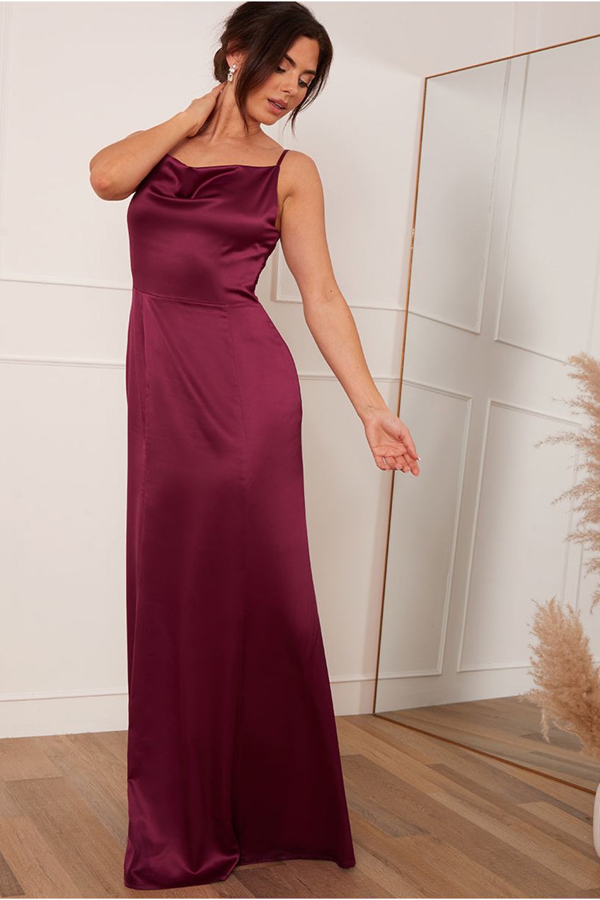 Petite Cowl Neck Satin Maxi Dress In Wine KH206PWI
