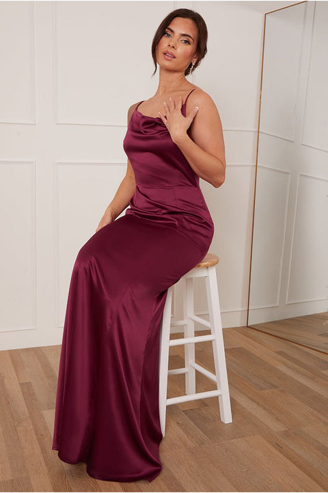 Petite Cowl Neck Satin Maxi Dress In Wine by Chi Chi London