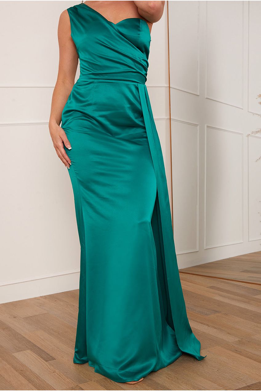 Petite Ruched One Shoulder Satin Maxi Dress In Green KH210PGN