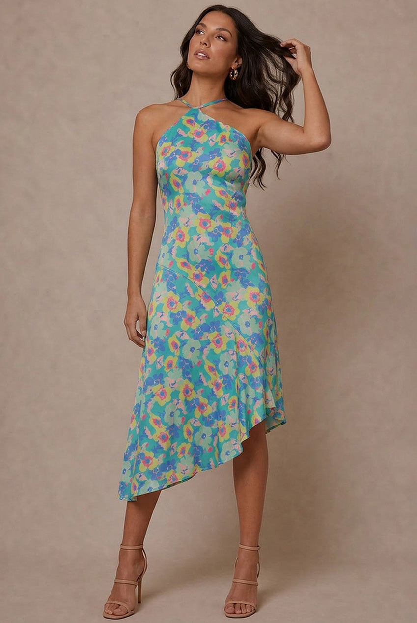 One-Shoulder Floral Asymmetric Hem Midi Dress In Green KH311GN