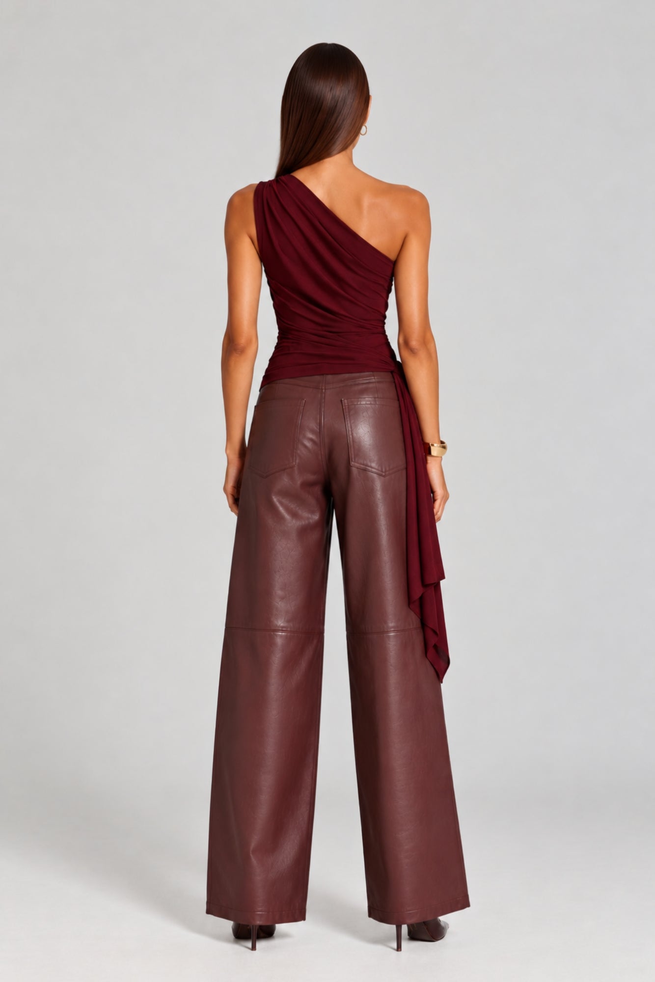 Khloe Berry One Shoulder Draped Top With Side Sash Tie HG-KHLOE