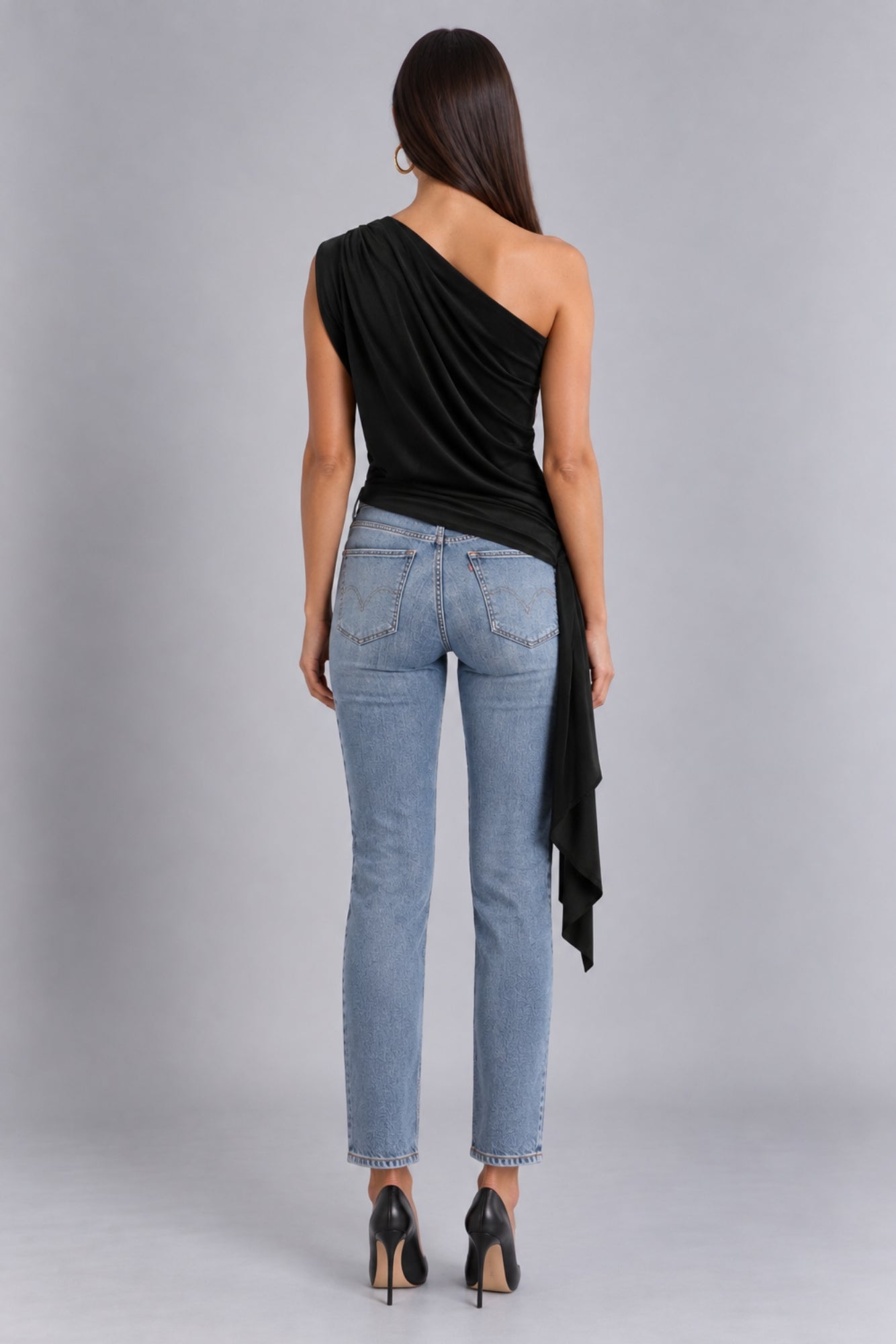 Khloe Black One Shoulder Draped Top With Side Sash Tie HG-KHLOE