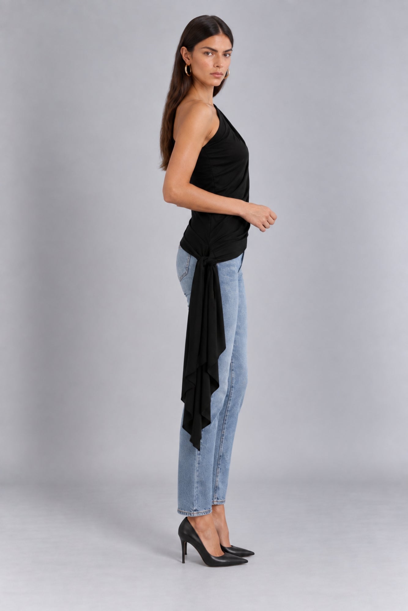 Khloe Black One Shoulder Draped Top With Side Sash Tie HG-KHLOE