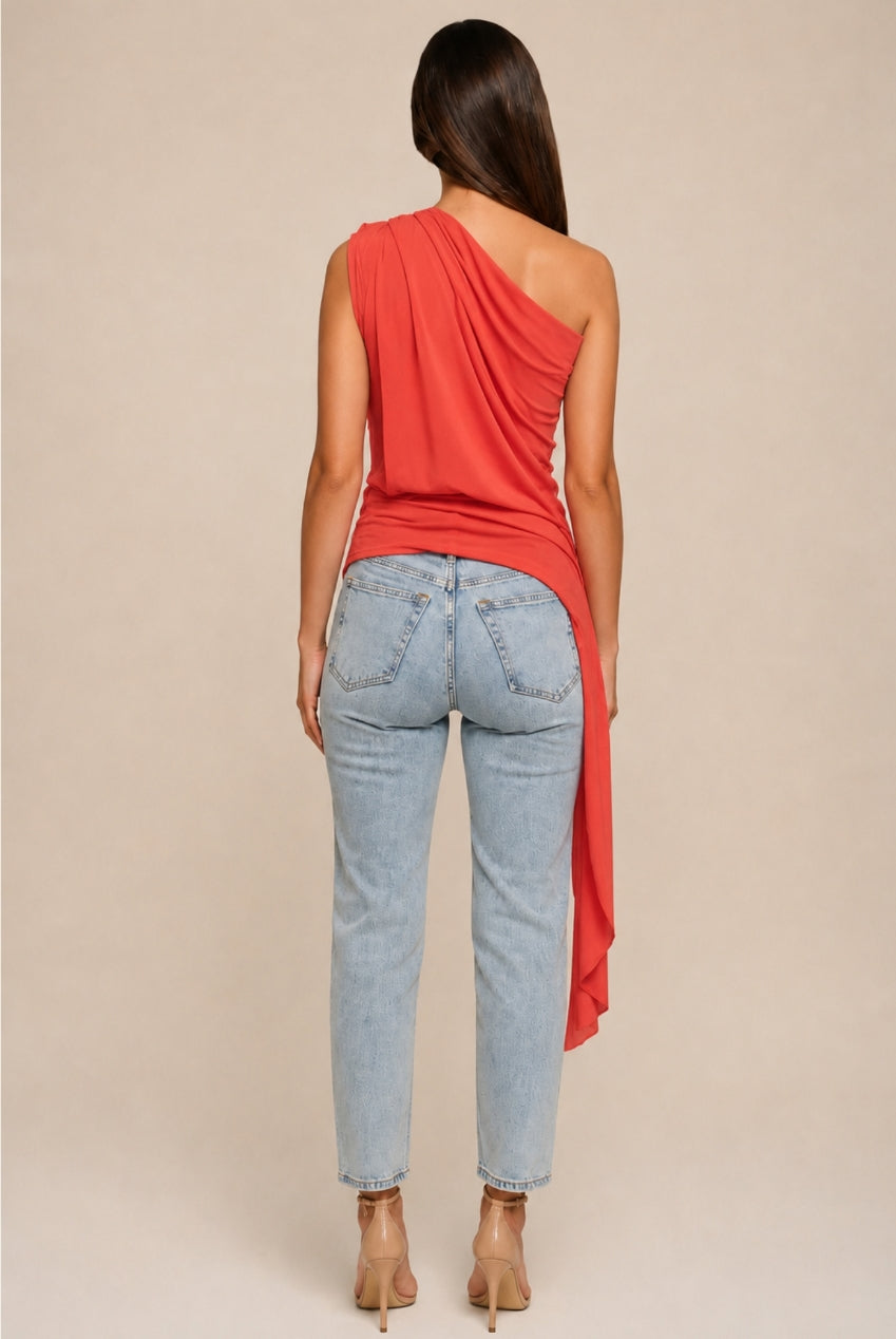 Khloe Orange One Shoulder Draped Top With Side Sash Tie KHLOE-ORANGE-TOP