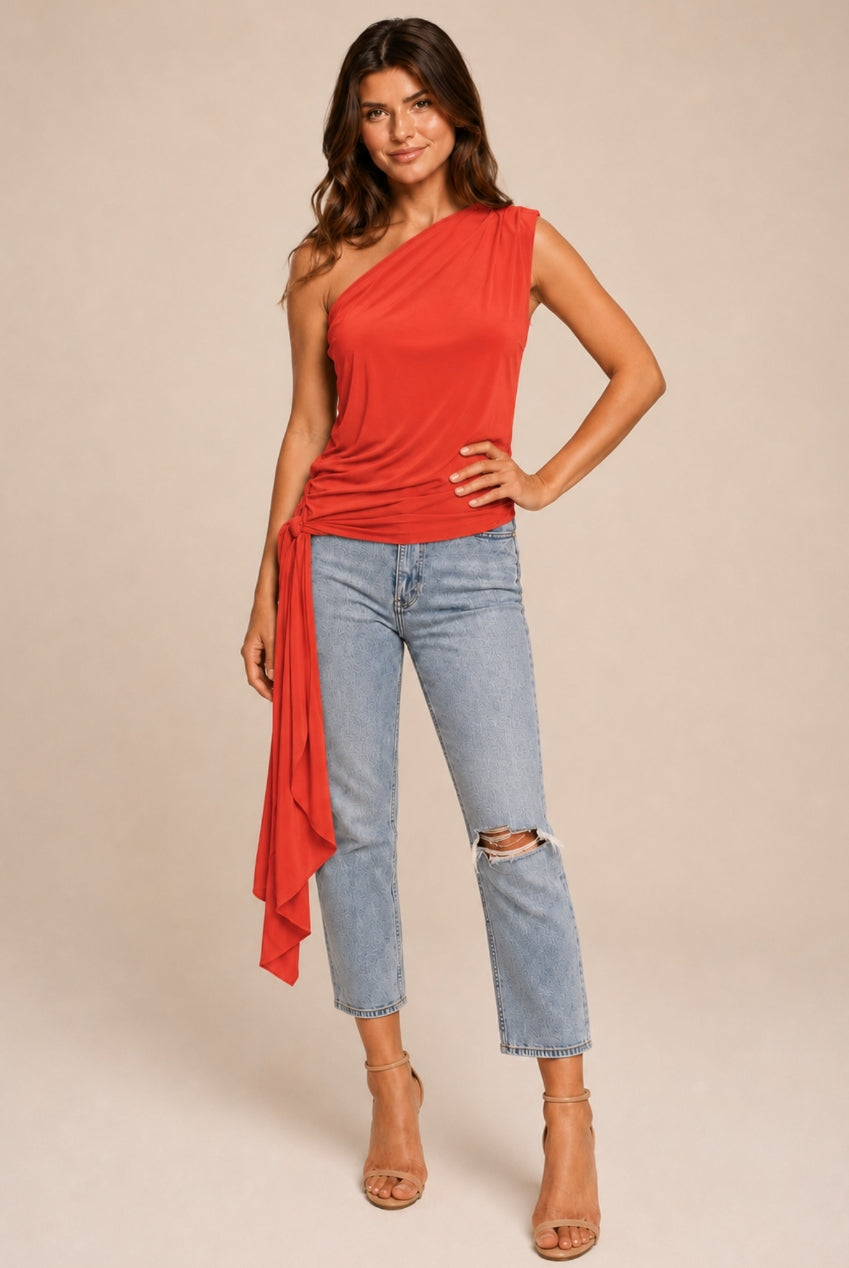 Khloe Orange One Shoulder Draped Top With Side Sash Tie KHLOE-ORANGE-TOP