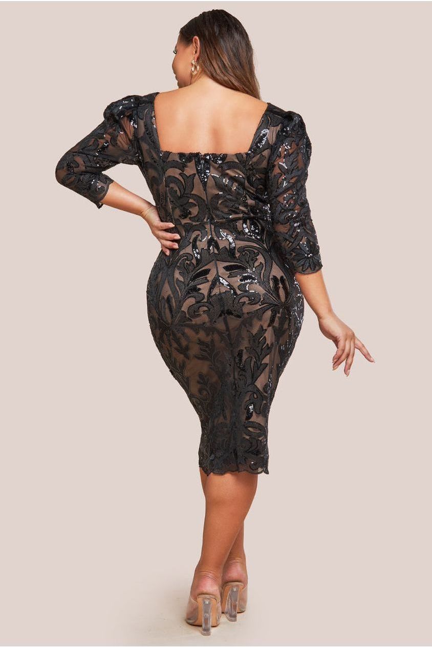 Square Neck Scalloped Embroidered Sequin Midi Dress - Black DR4124PLUS