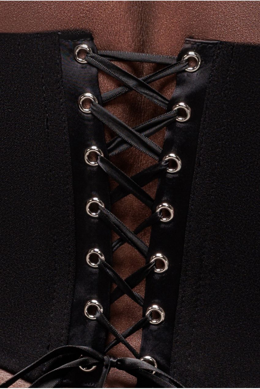 High Neck Open Back Lace Up Scuba Corset Top - Black T226