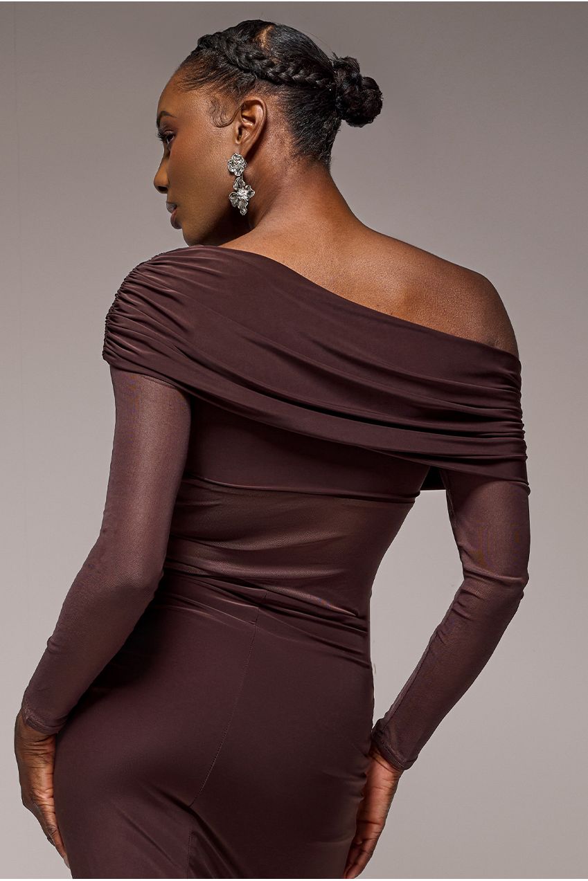 Gathered Bardot Asymmetric Mesh Panel Top - Brown T272