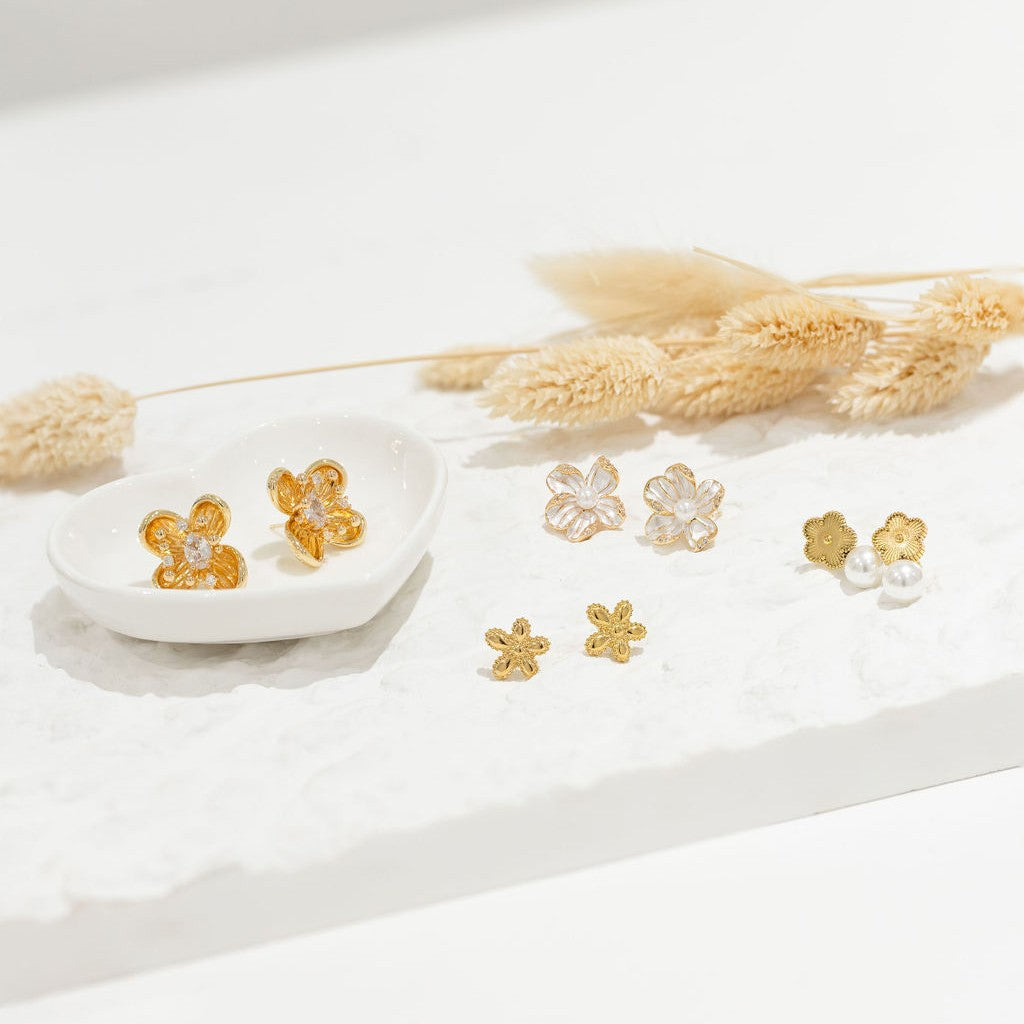 Etched Flower Stud In Gold With Faux Pearl Drop LEN526G
