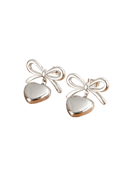 Heart Pendant Bow Earring In Silver by Last True Angel