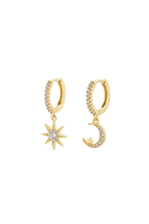White Cubic Zirconia Star Moon Drop Huggie Earring In Gold by Last True Angel