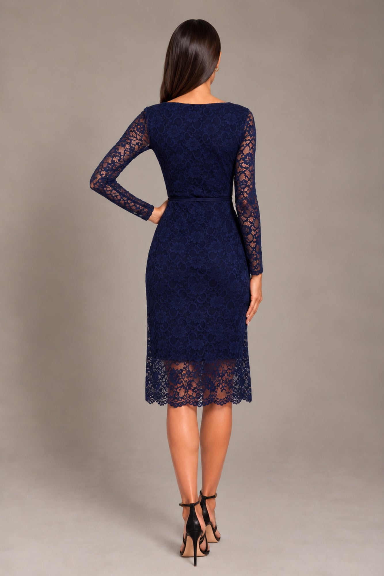 Lily Navy Lace Wrap Dress With Long Sleeves LILY-NAVY-MIDI