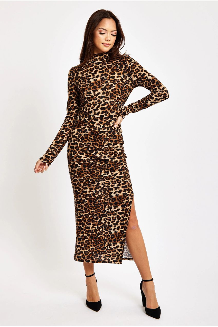 Brushed Knit Leopard Print Midi Dress With Front Slit LIQ23AW076LE