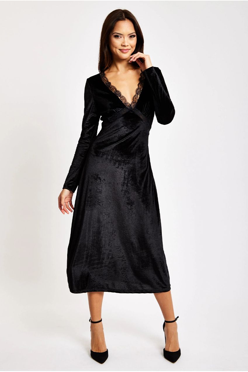 Black Velvet Midi Dress With Lace Details LIQ23AW078BL