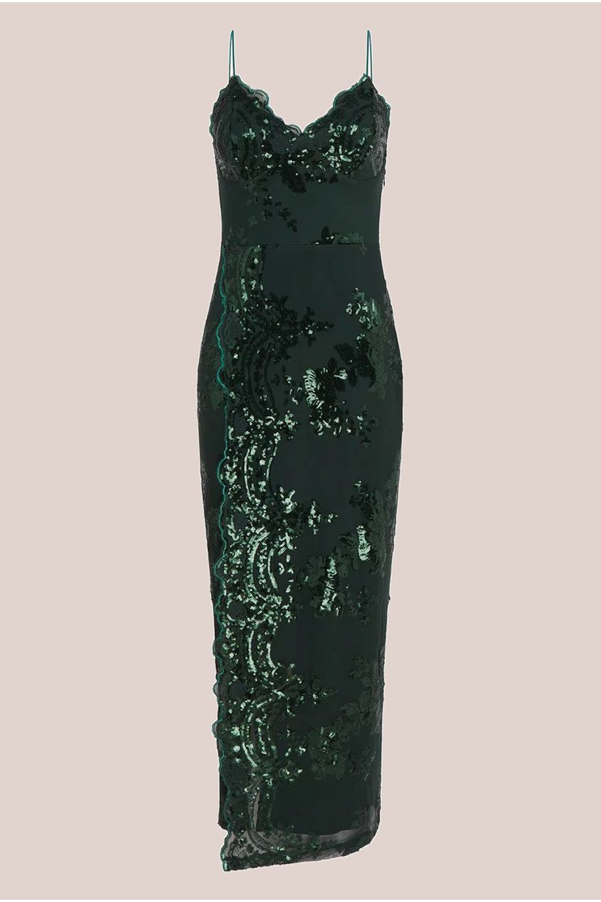Forest Green Sequin Maxi Dress With Long Slit LIQPARTY006