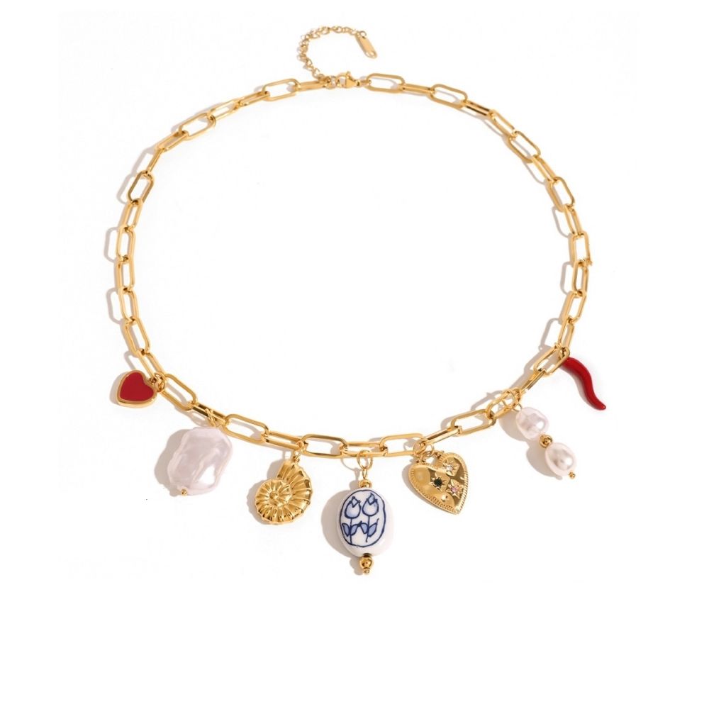 Multi Detail Charm Necklace In Gold LNN322G