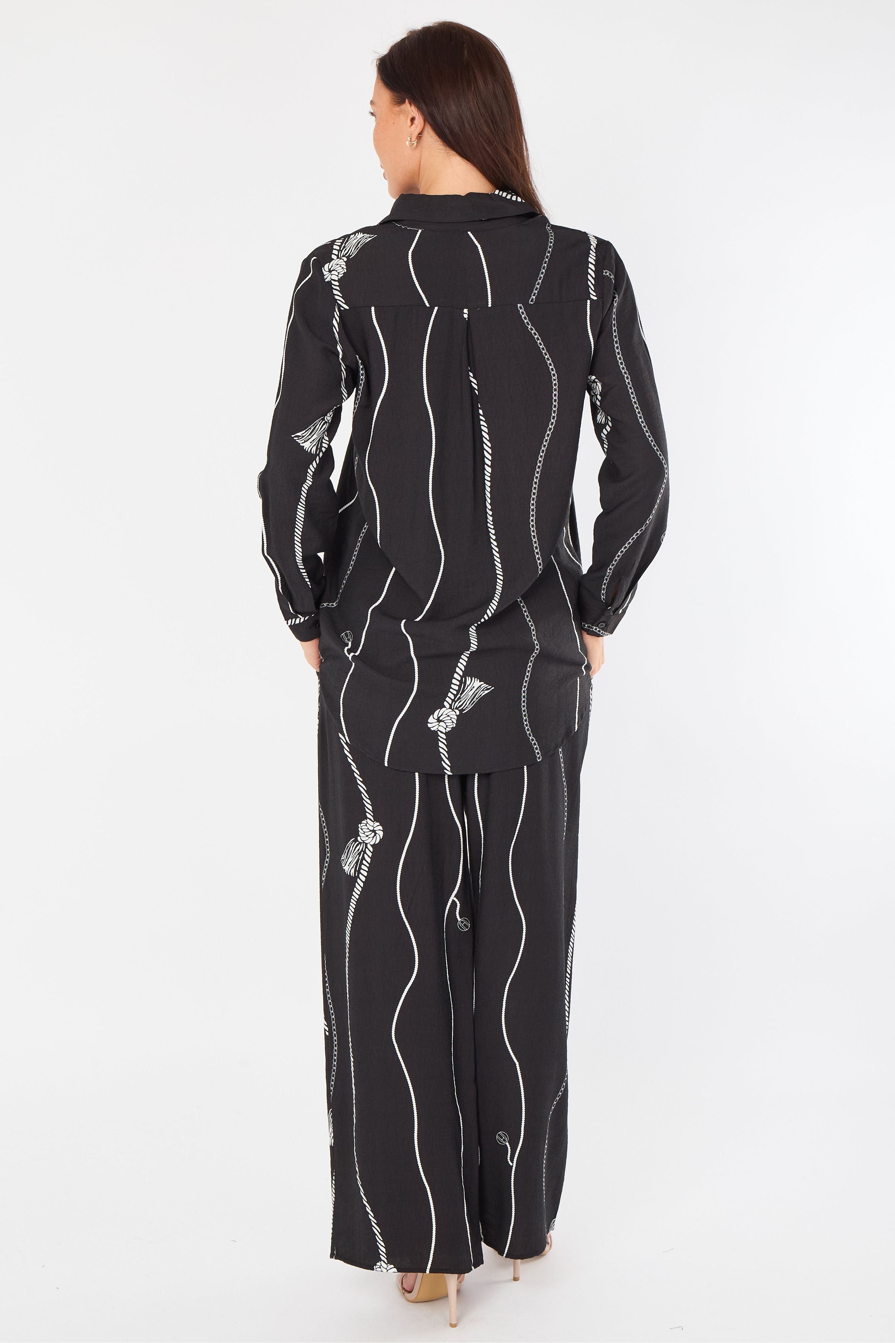 Black Rope Stripe Print Wide-Leg Co-ord LS-5002&9057-TZ23