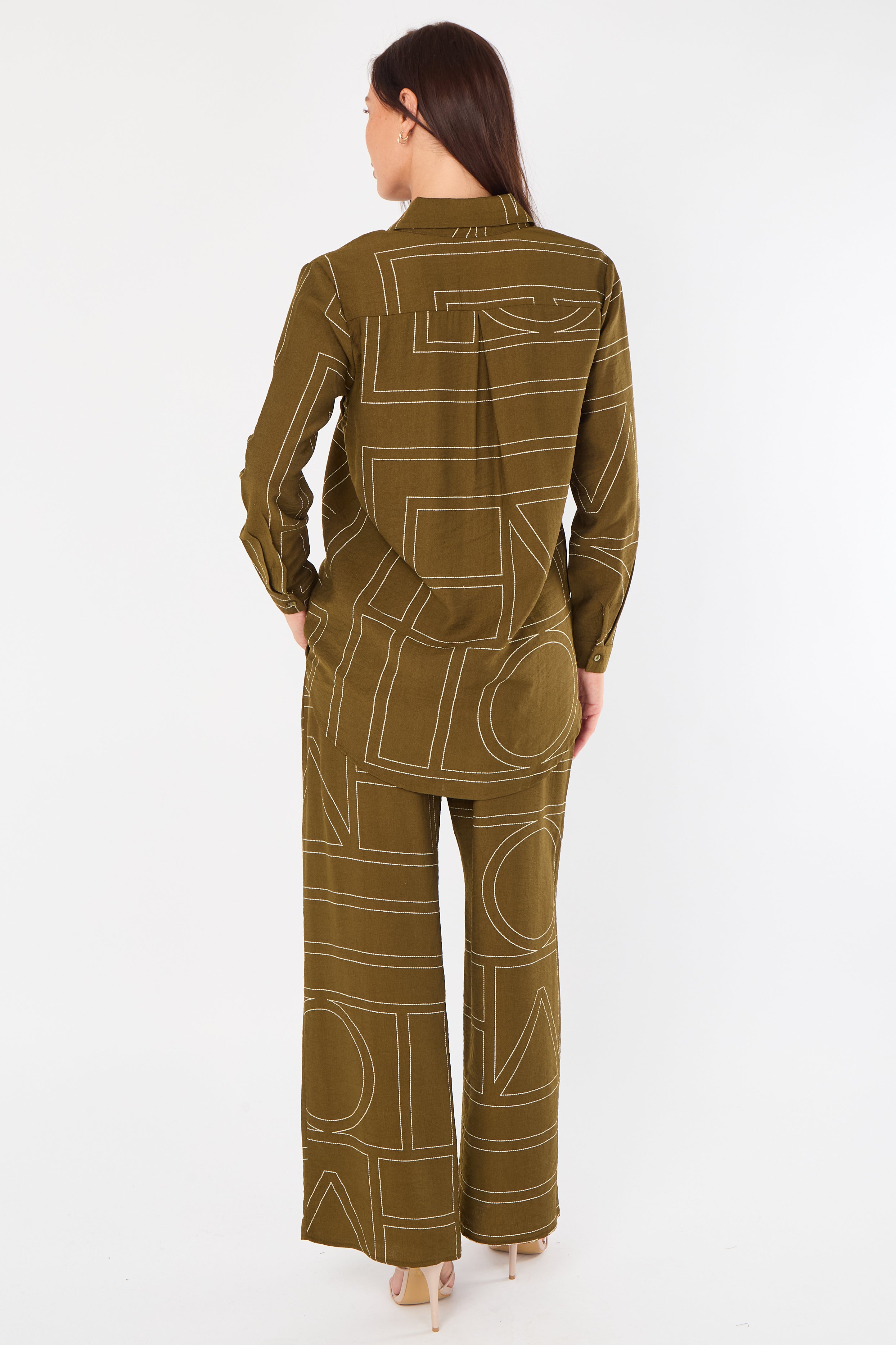 Khaki Geometric Line Print Wide-Leg Co-ord LS-5002&9057-TZ21