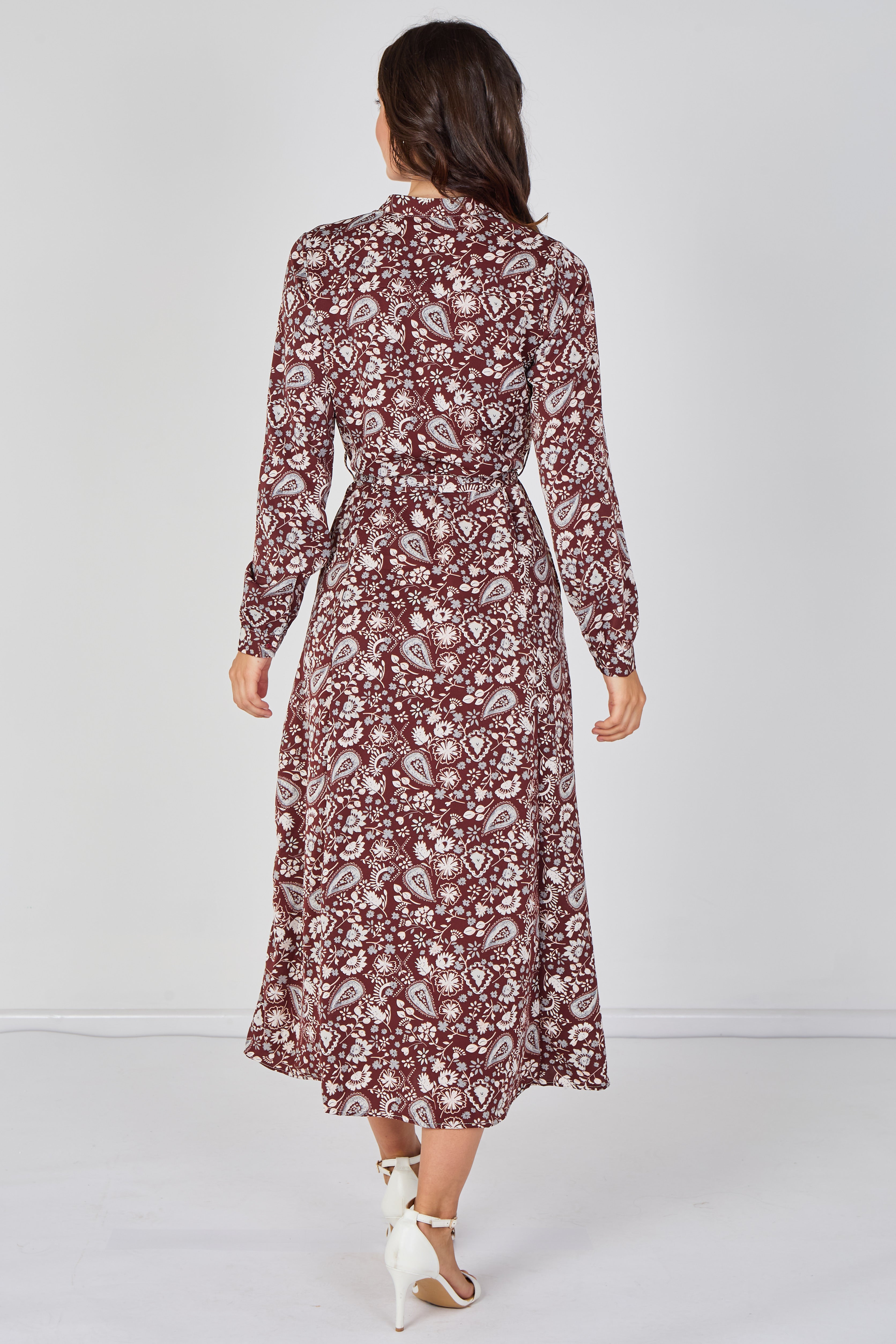 Burgundy Paisley Floral Print Belted Maxi Shirt Dress LS-2603-CS6