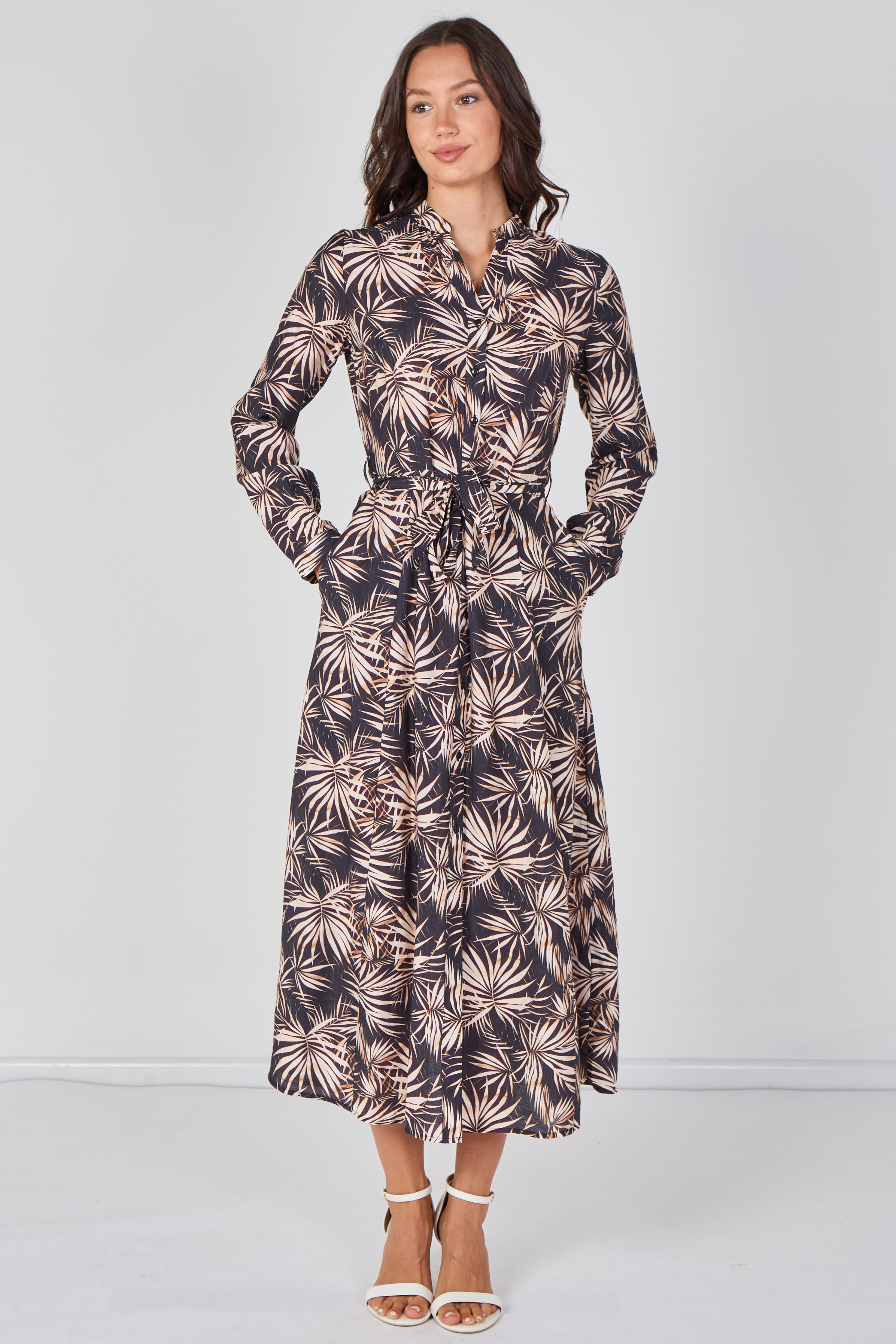 Black And Blush Palm Print Belted Maxi Shirt Dress LS-2603-CS1