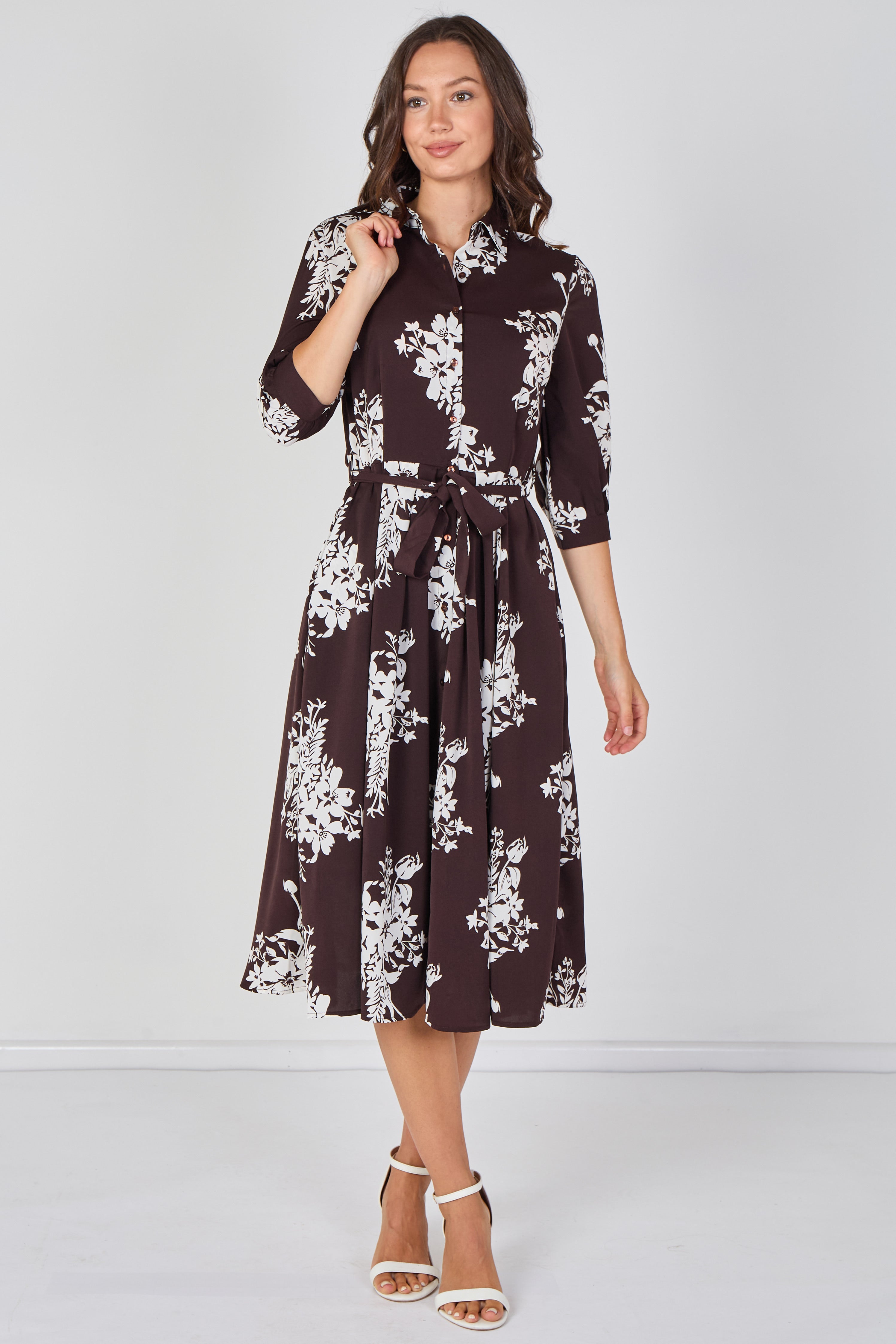 Brown Ivory Bouquet Print Belted Midi Shirt Dress LS-2045-D27-8