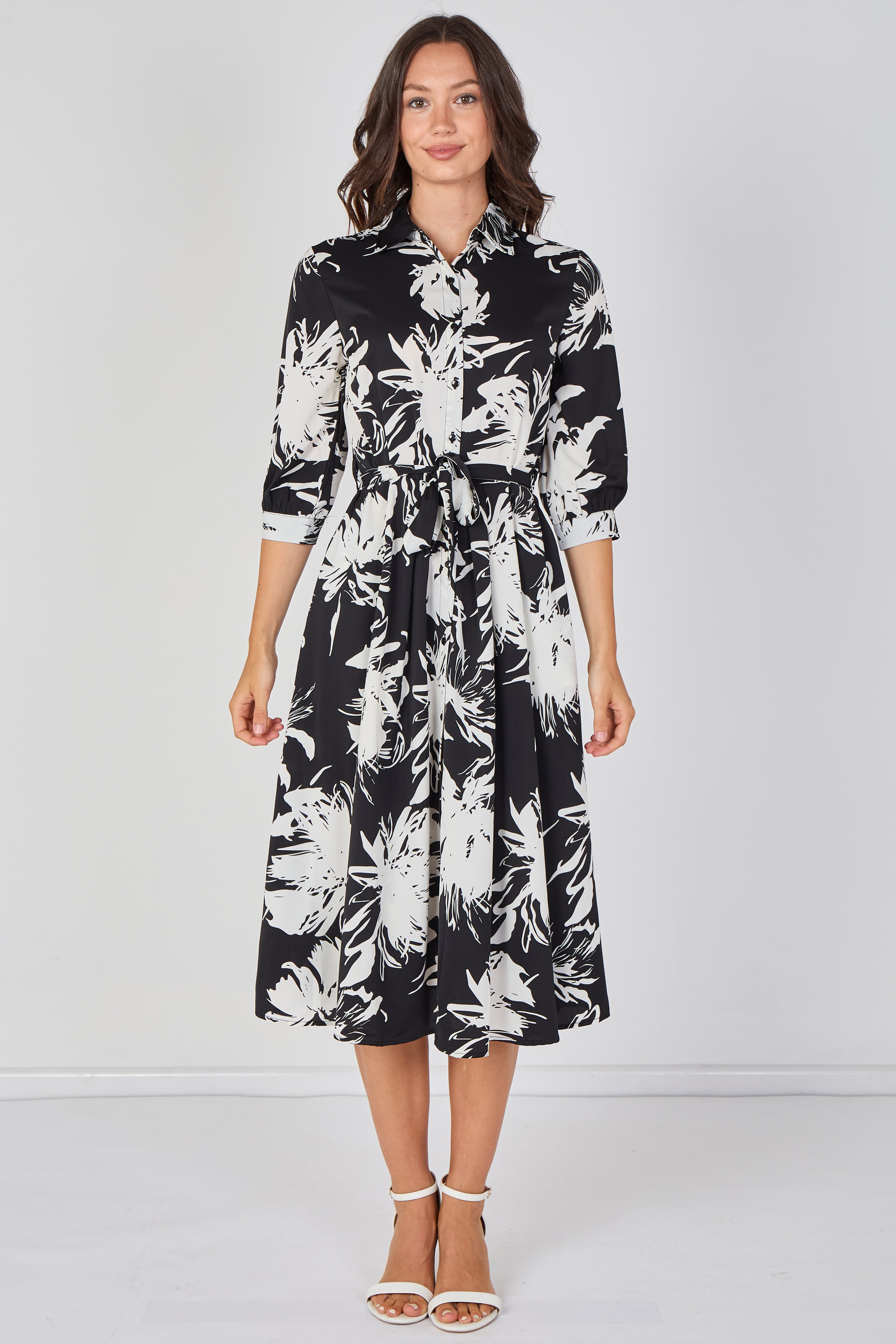 Black And White Brushstroke Floral Belted Midi Shirt Dress LS-2045-D56