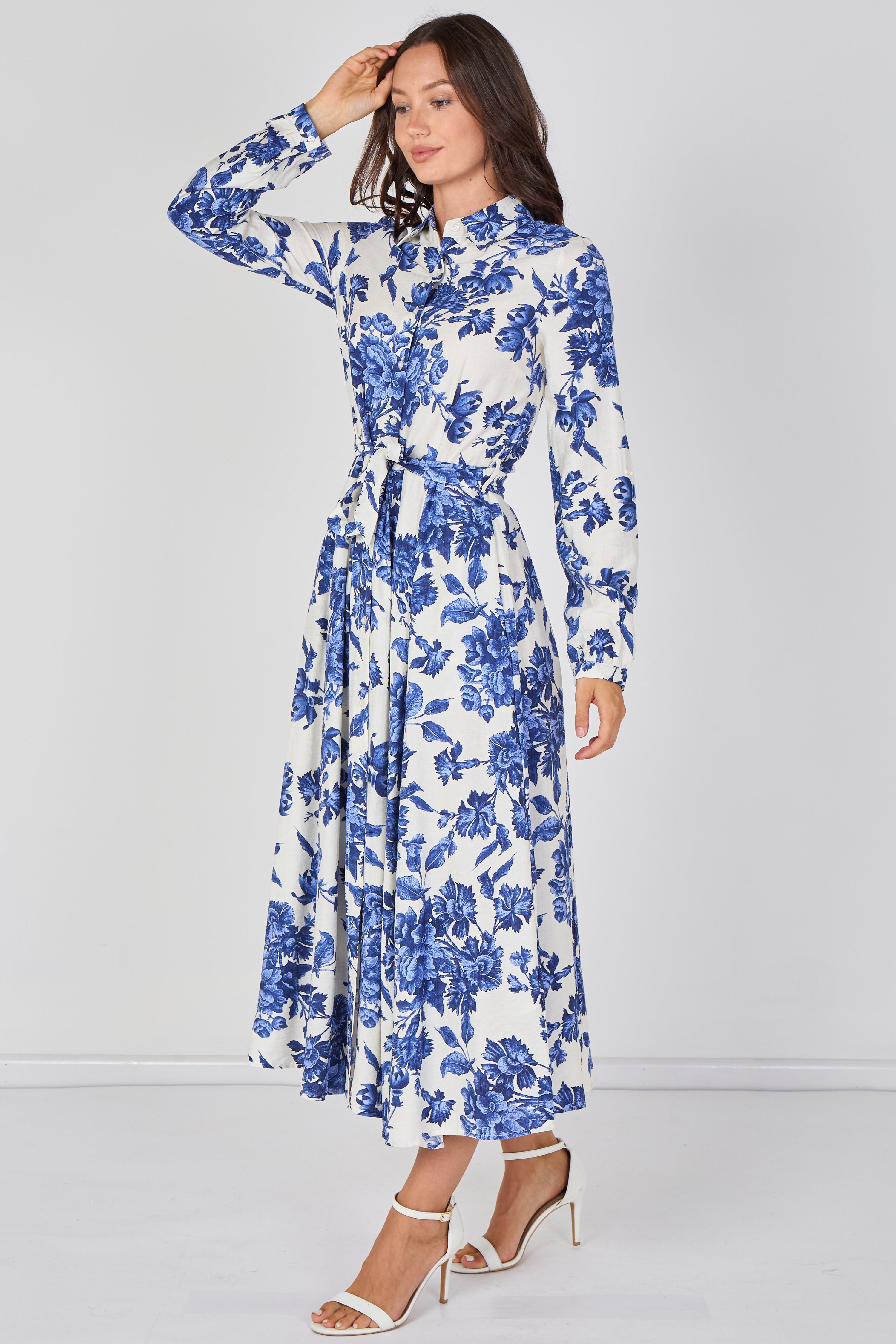 Blue Porcelain Floral Printed Belted Maxi Shirt Dress LS-2037P-C211