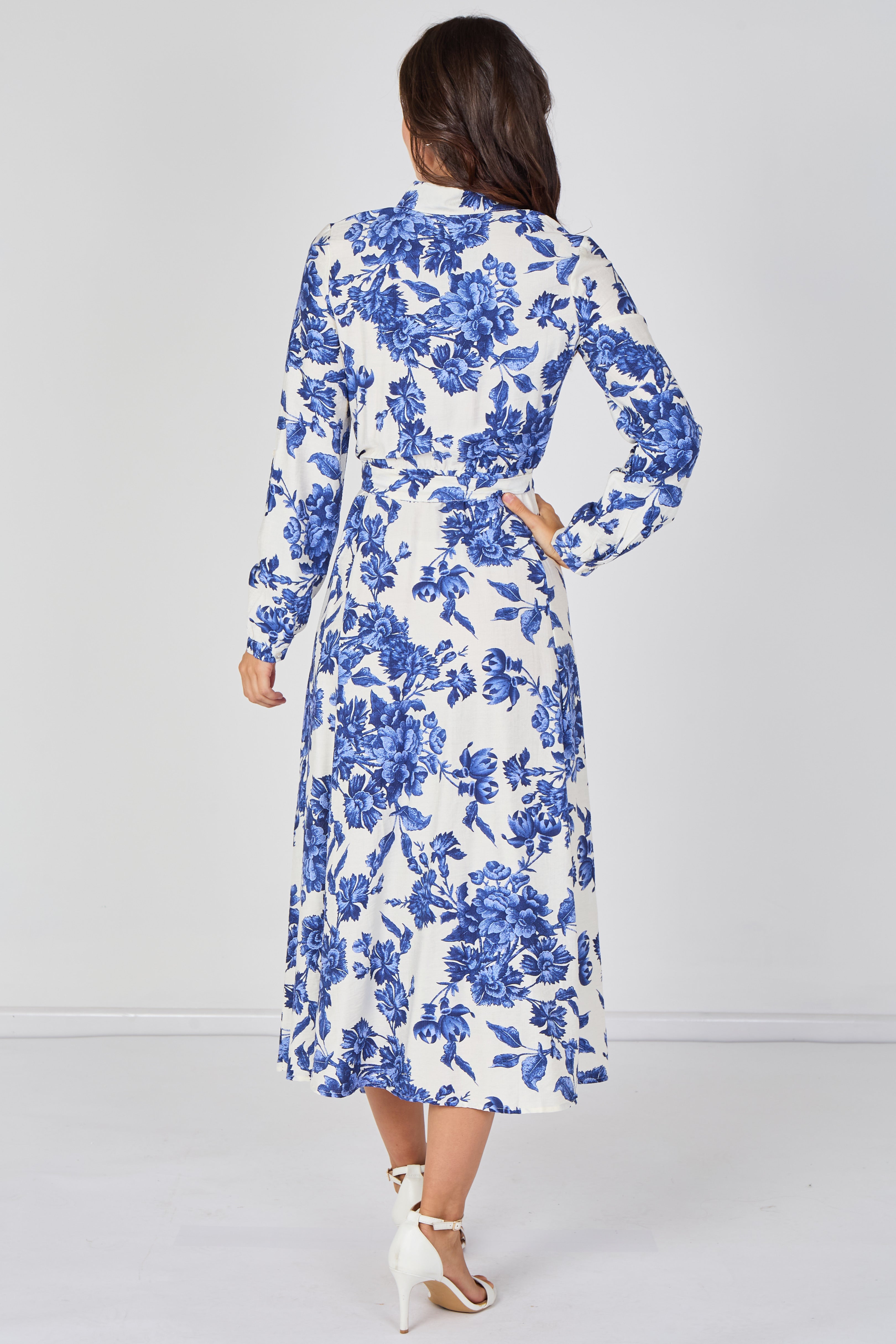 Blue Porcelain Floral Printed Belted Maxi Shirt Dress LS-2037P-C211