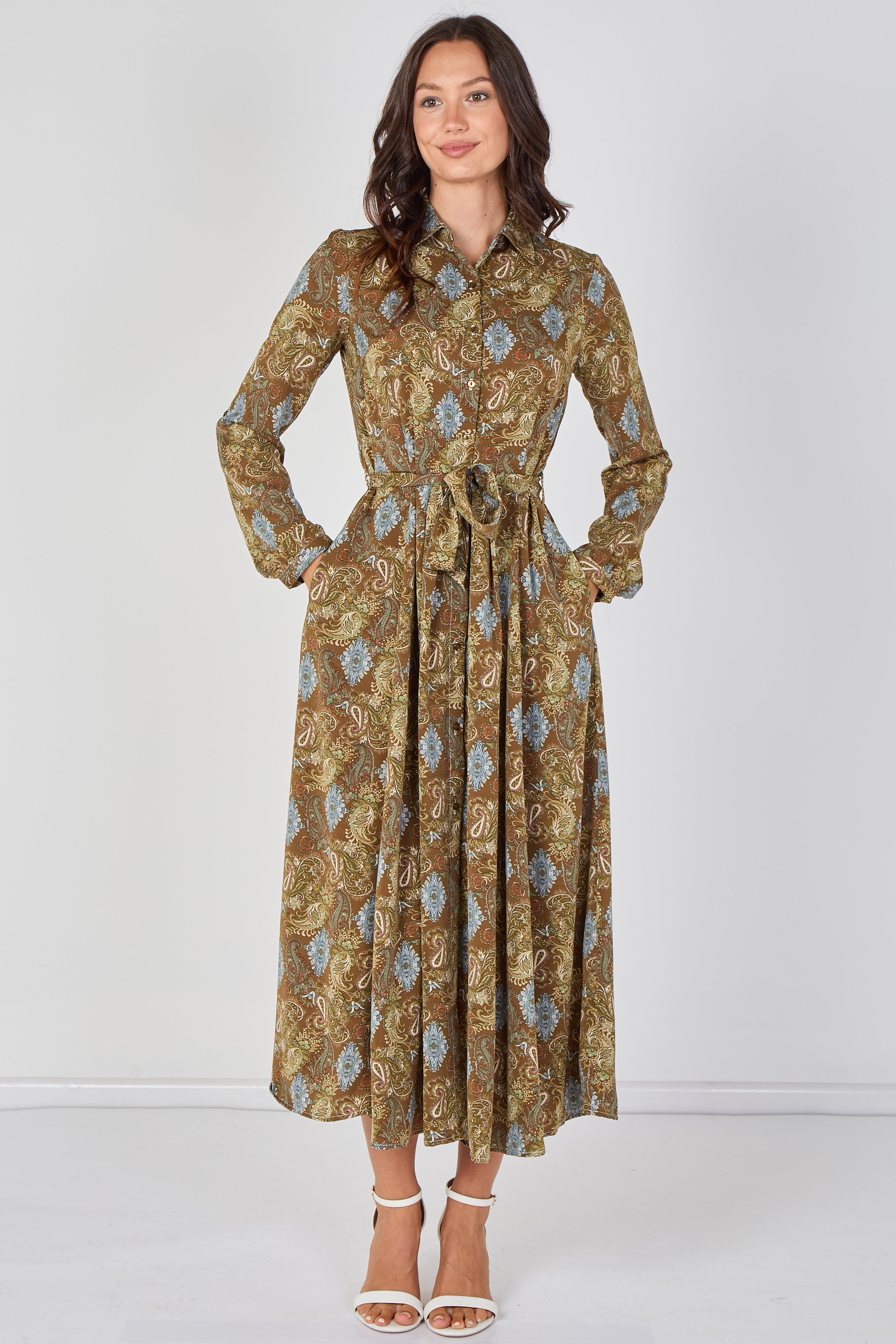 Paisley Meadow Printed Khaki Belted Maxi Shirt Dress LS-2037P-C212
