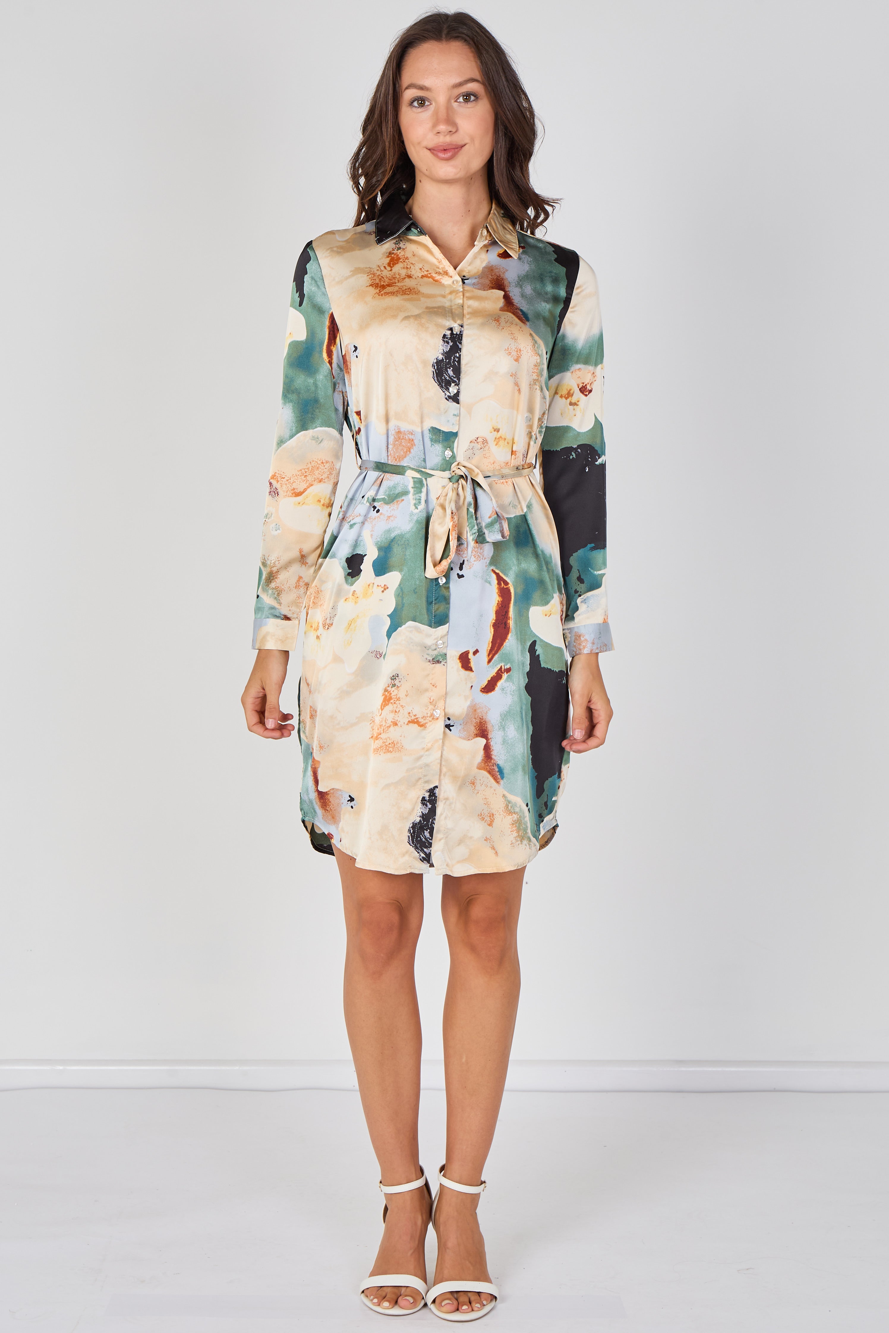 Teal Watercolour Marble Print Belted Shirt Dress LS-5026-R301-Teal