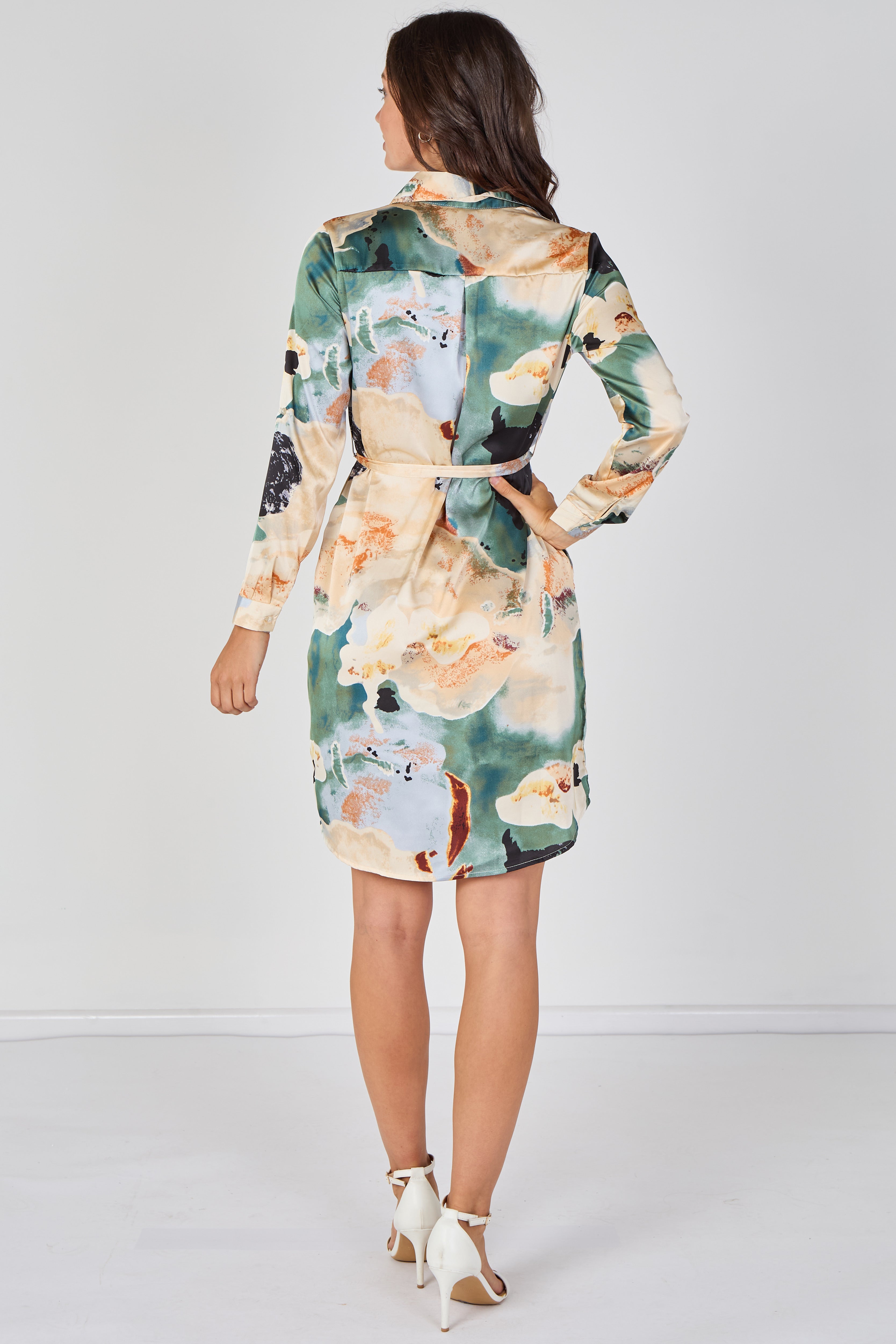 Teal Watercolour Marble Print Belted Shirt Dress LS-5026-R301-Teal