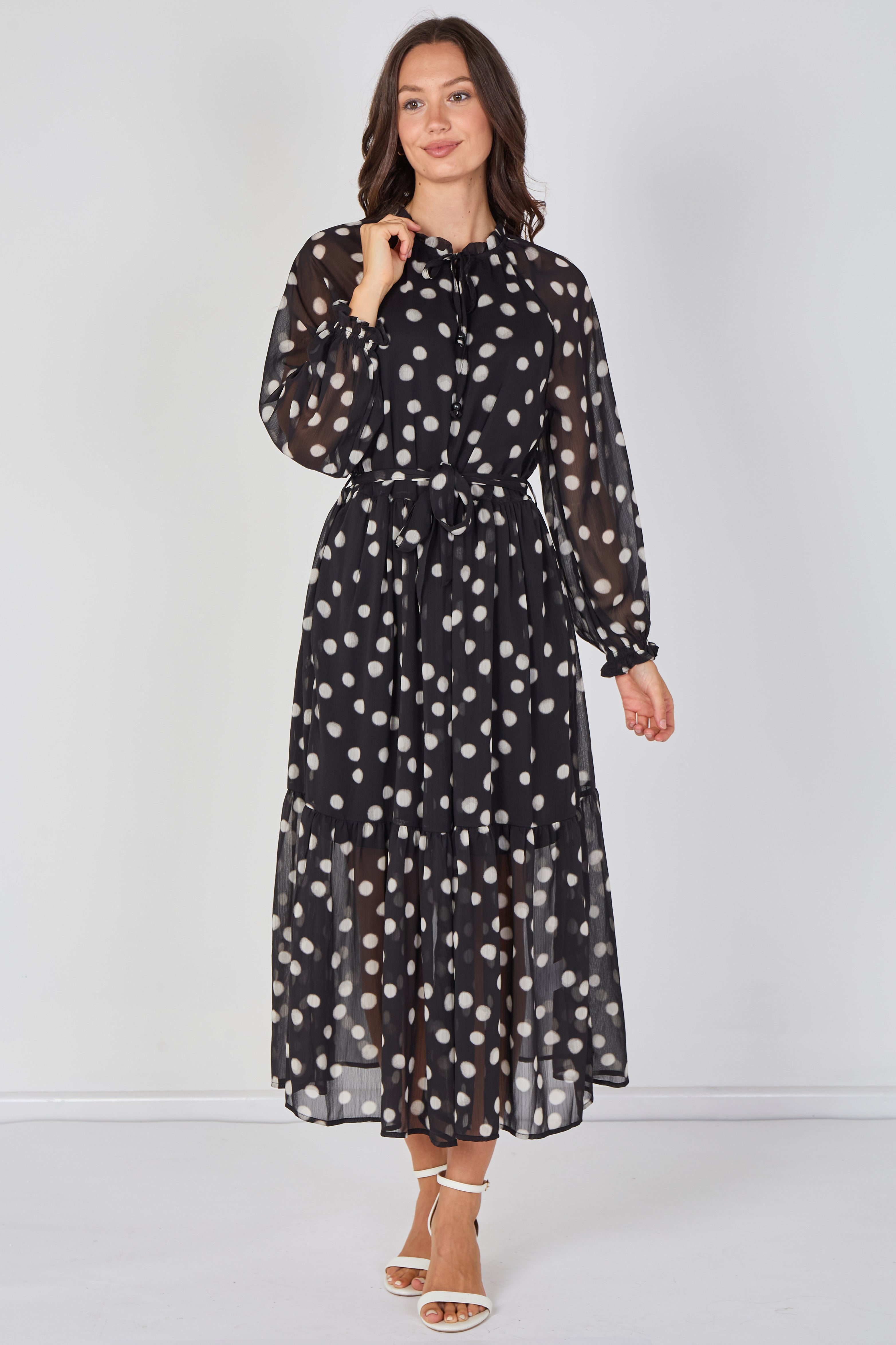 Black Polka Dot Chiffon Belted Maxi Dress LS-2512-BK3