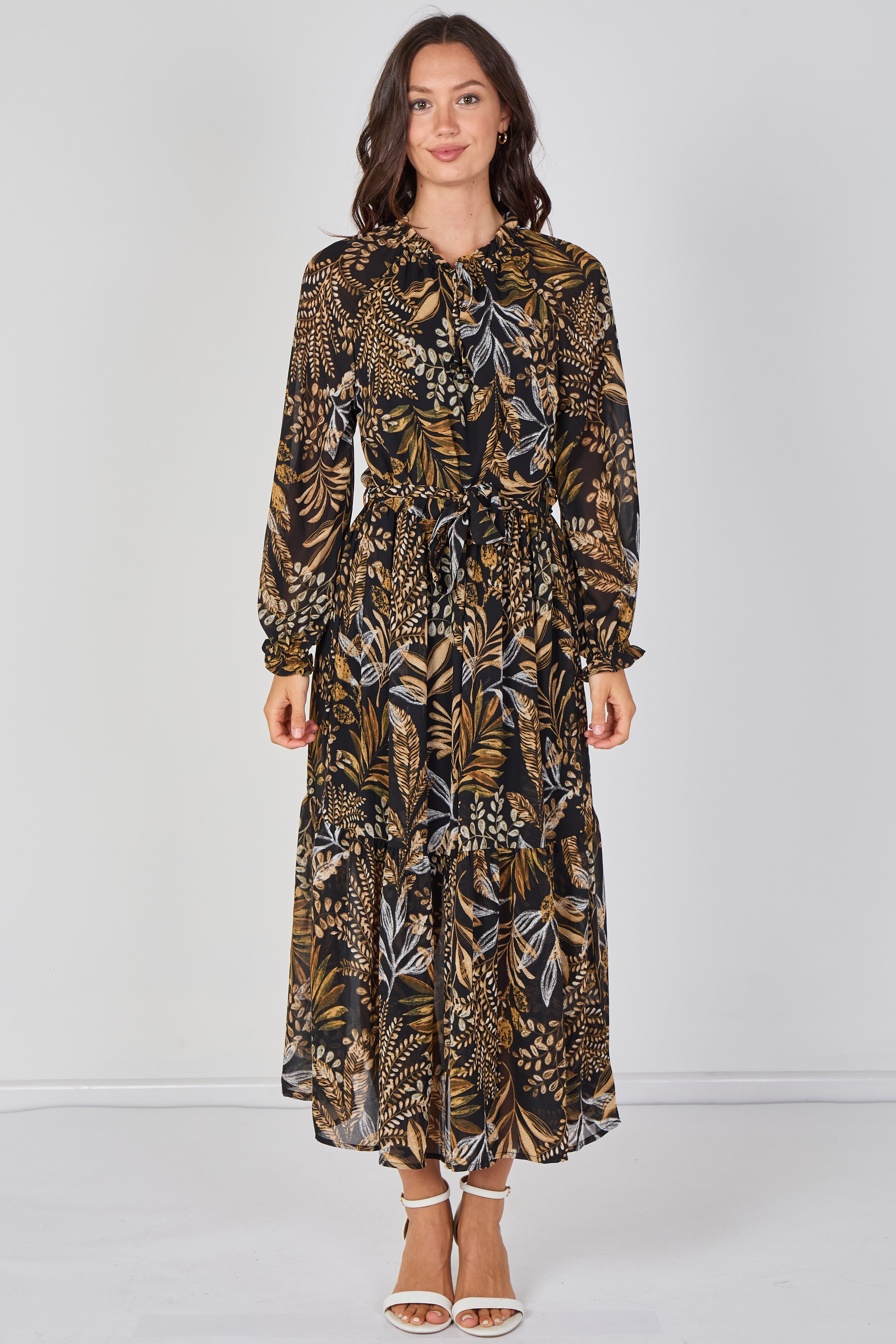 Black Botanical Chiffon Belted Maxi Dress LS-2512-BK2