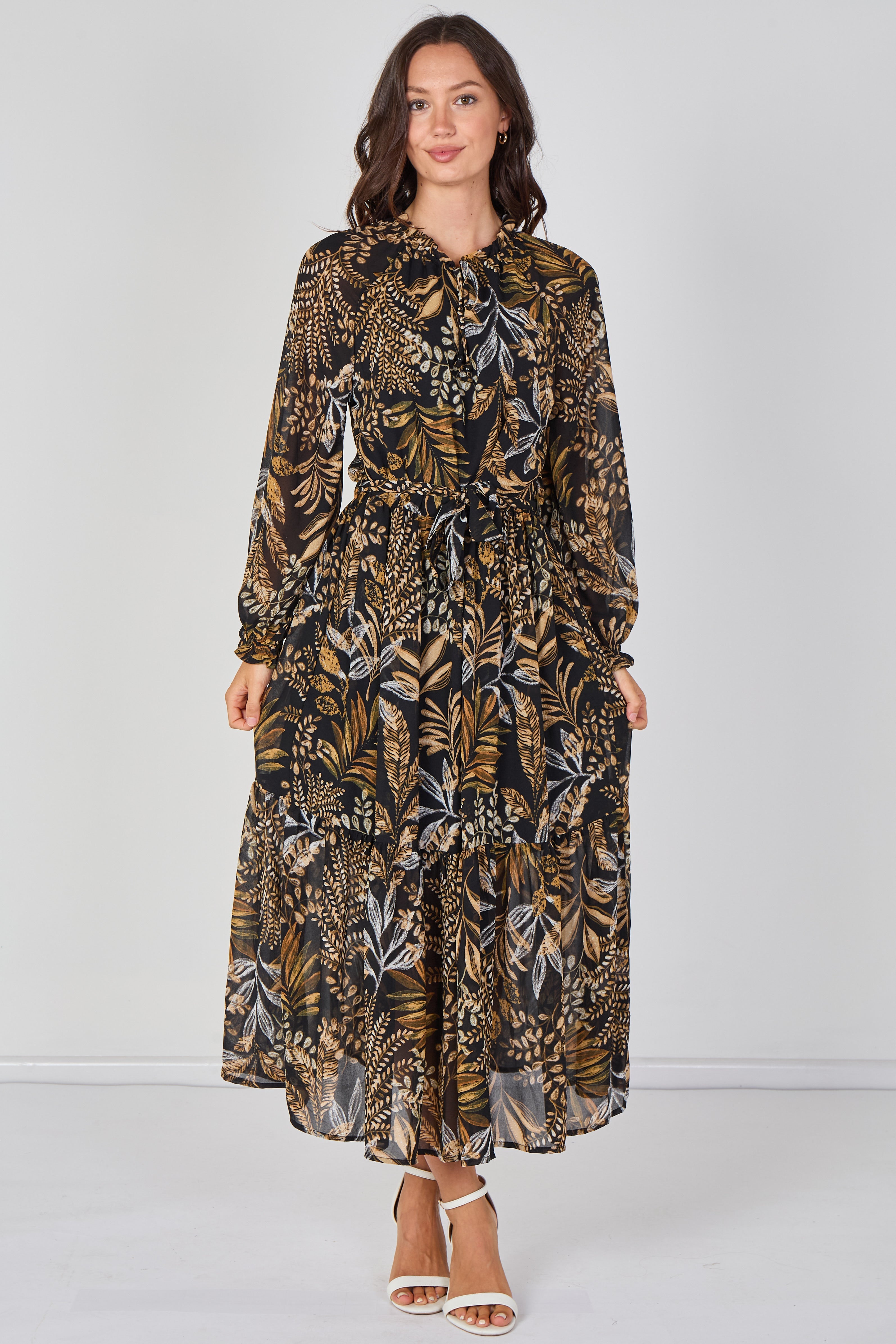 Black Botanical Chiffon Belted Maxi Dress LS-2512-BK2