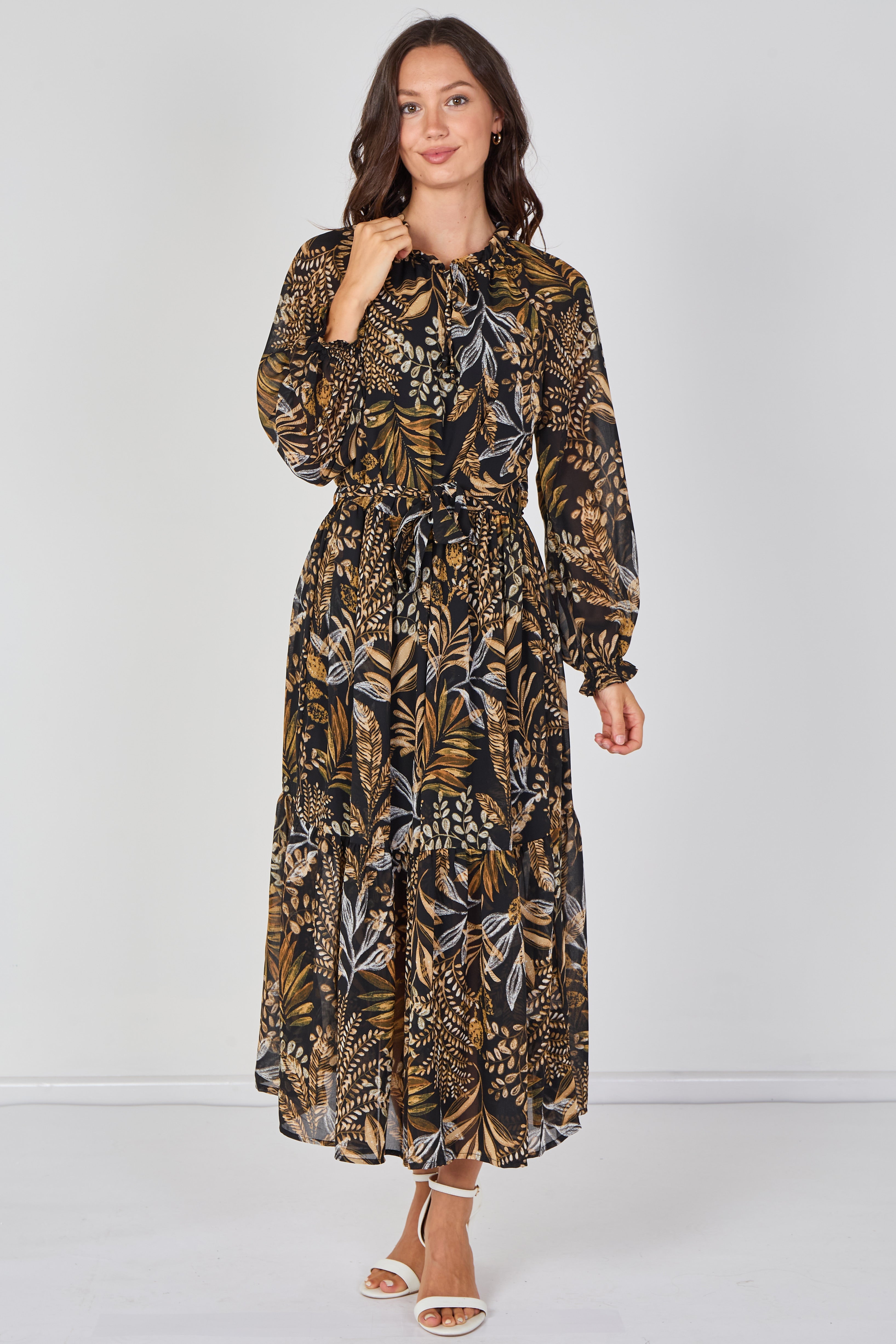 Black Botanical Chiffon Belted Maxi Dress LS-2512-BK2