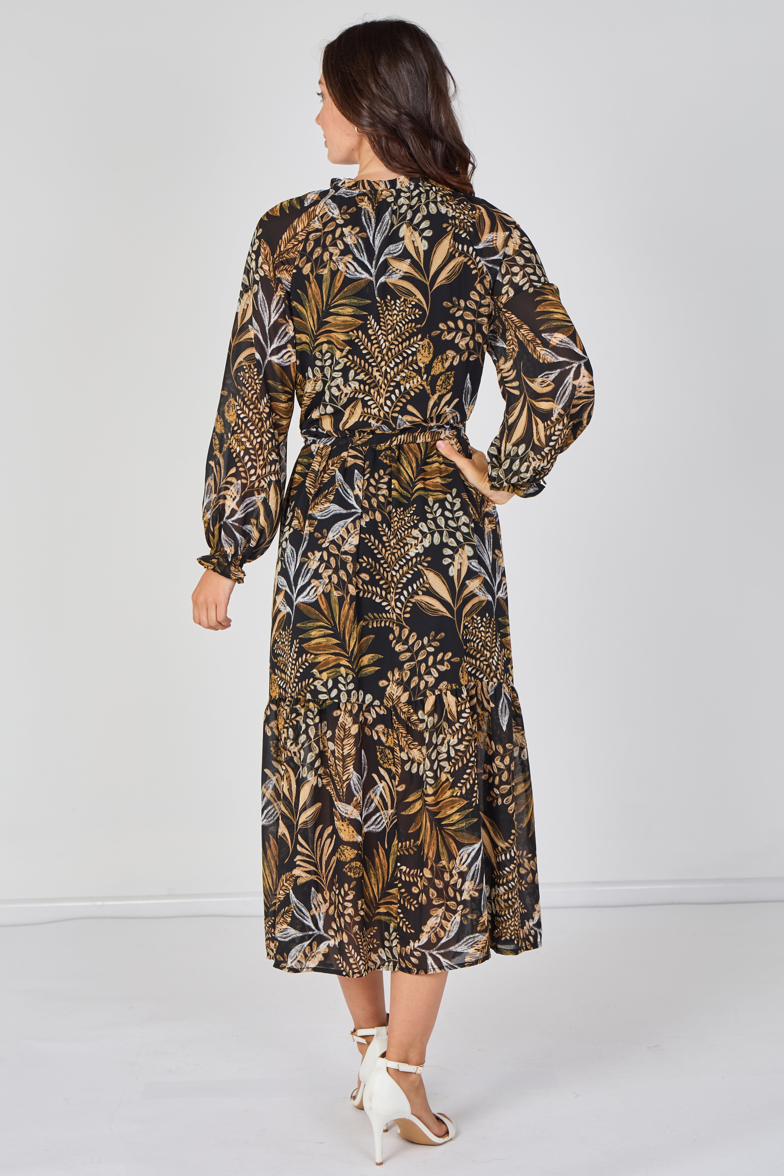 Black Botanical Chiffon Belted Maxi Dress LS-2512-BK2