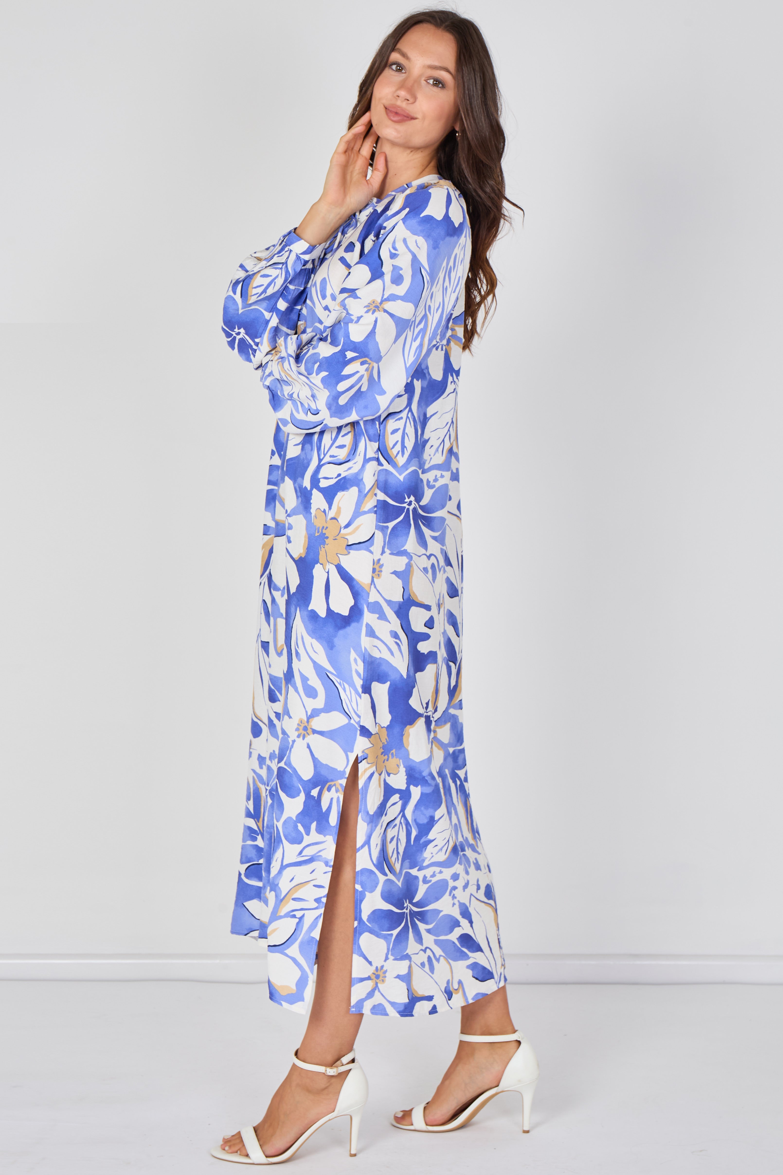 Blue Tropical Leaf Print Maxi Dress LS-2457-QB2