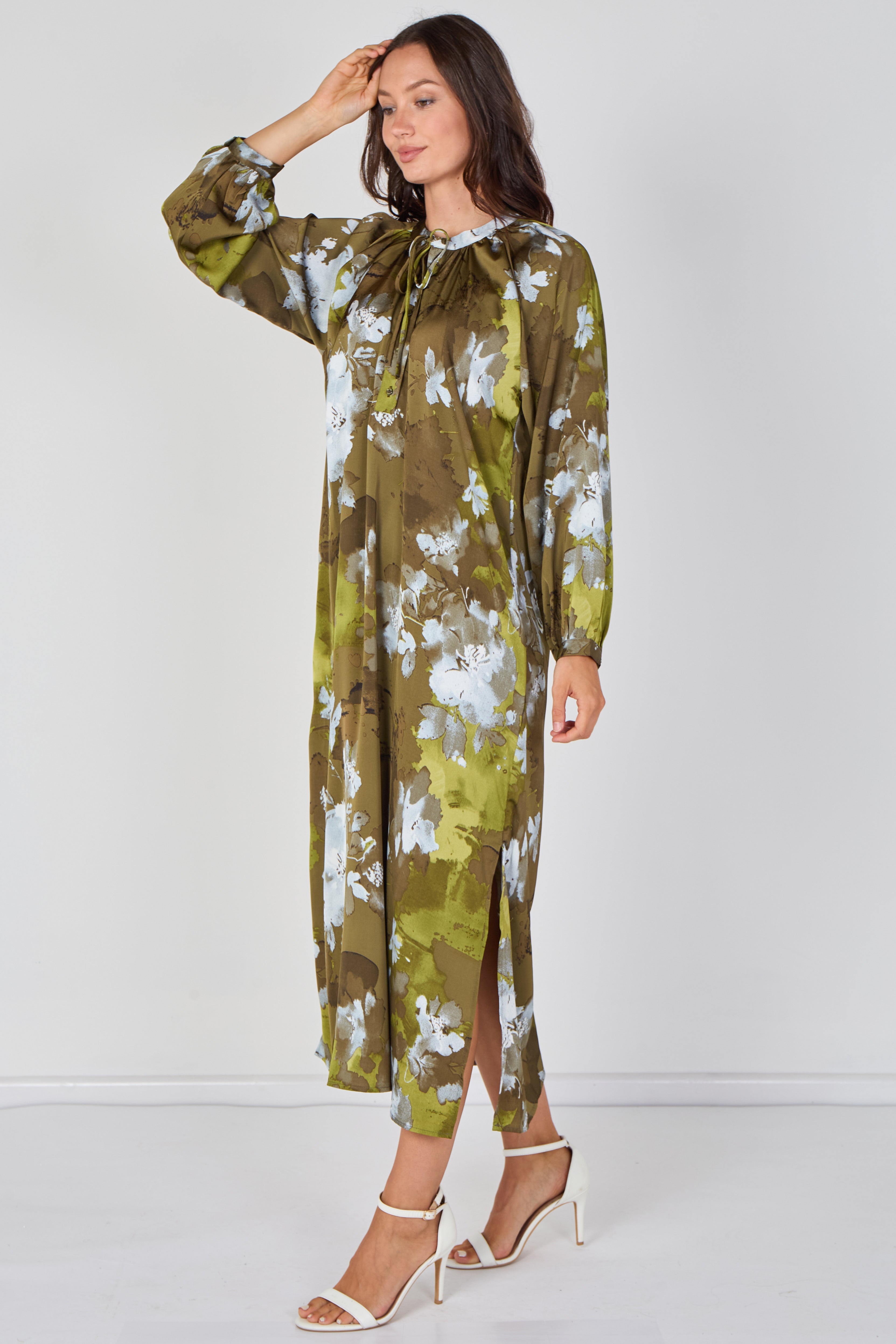 Khaki Watercolour Floral Luxury Satin Maxi Dress LS-2457-QB5