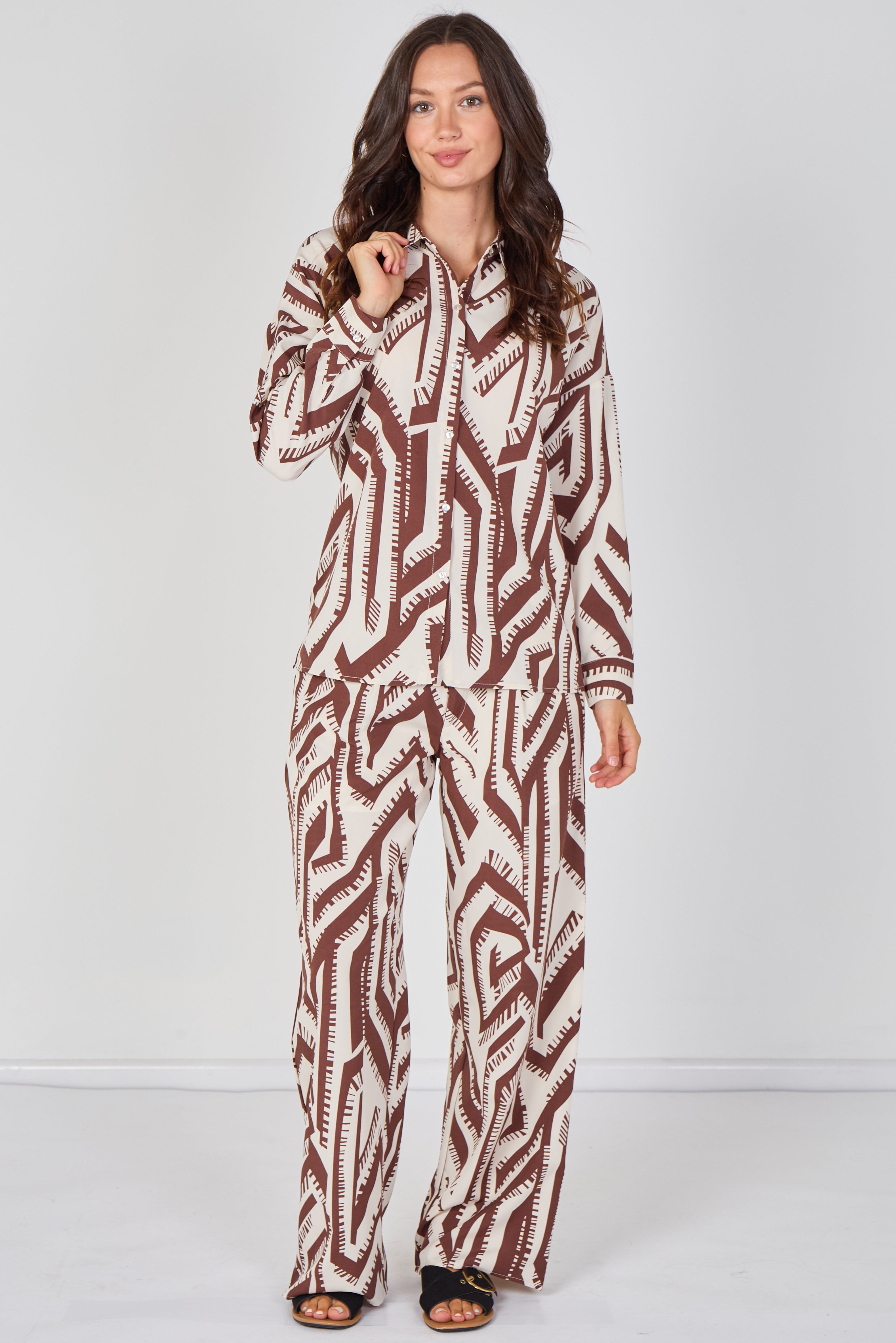 Cream And Chocolate Geo Print Co-ord Set LS-2268&2508-LE6