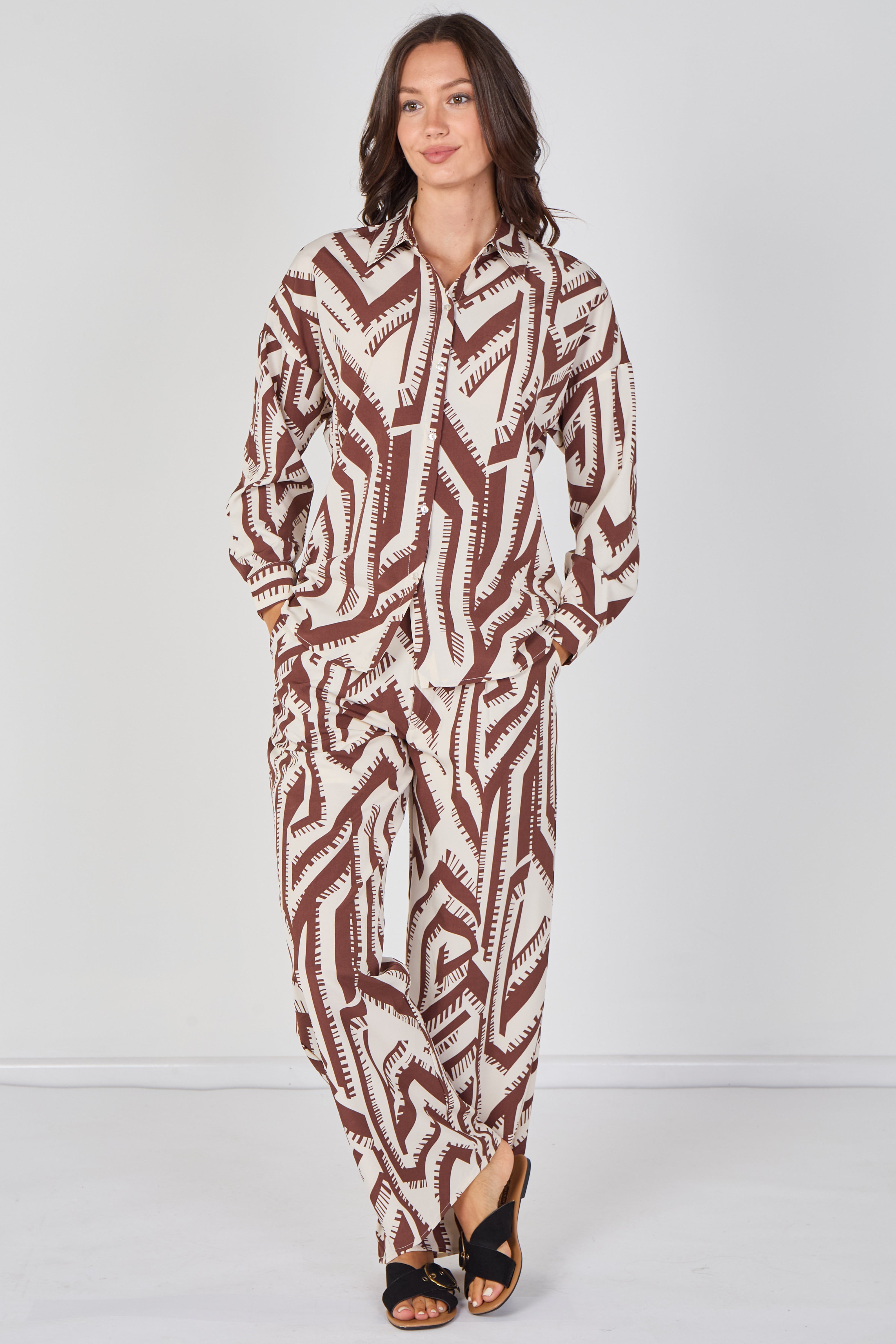 Cream And Chocolate Geo Print Co-ord Set LS-2268&2508-LE6