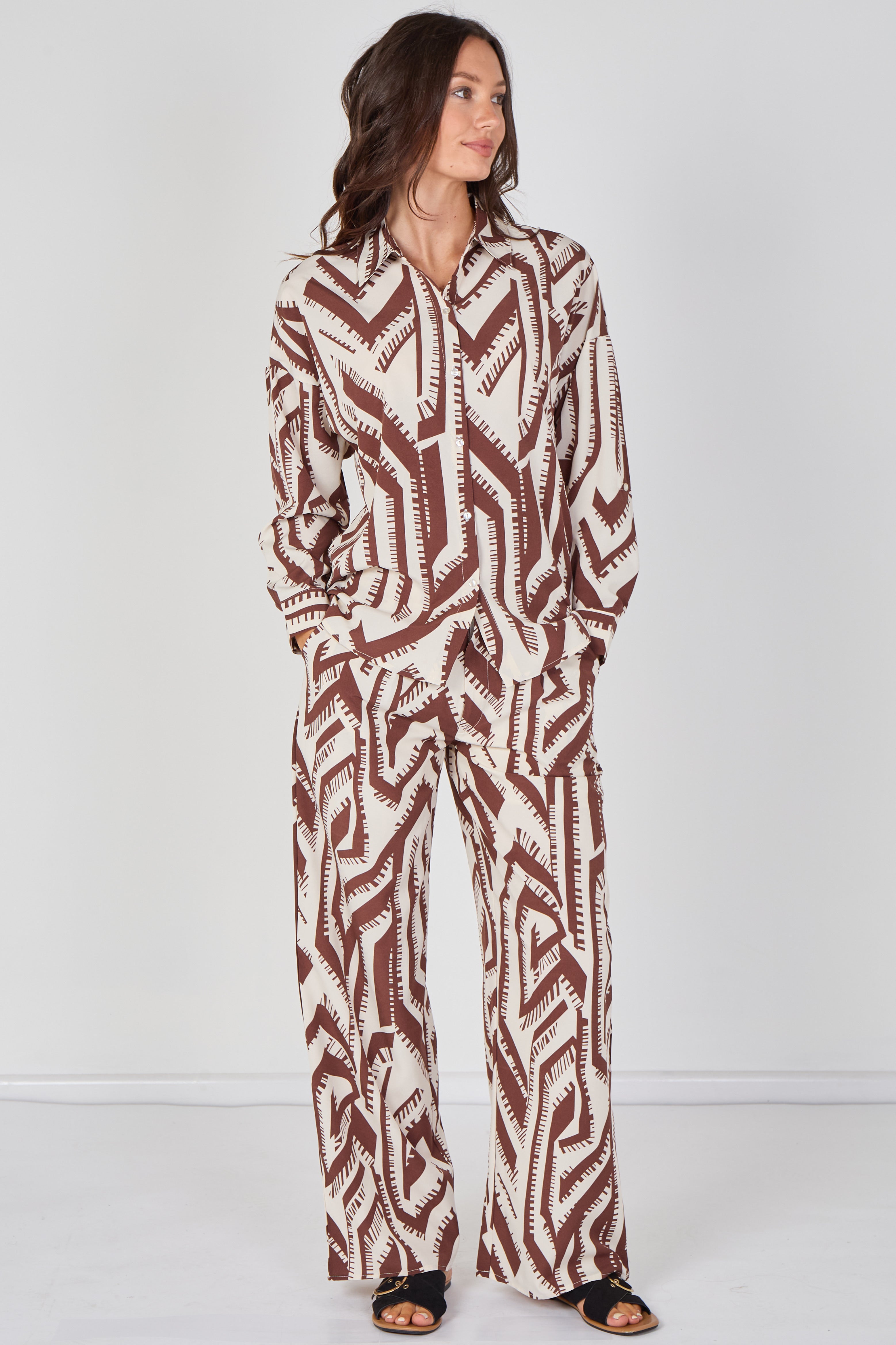 Cream And Chocolate Geo Print Co-ord Set LS-2268&2508-LE6